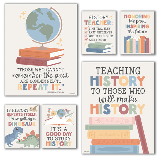 Hadley Designs Social Studies Classroom Decorations - 6 US History Posters for Classroom Decor, Teacher Must Haves World History Poster for High School & Elementary, Boho Bulletin Board Decor Set