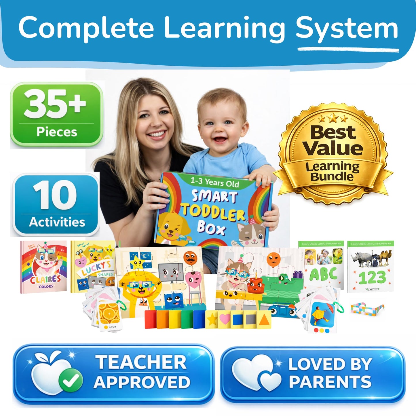 TOYVENTIVE Educational Books, Flash Cards, and Puzzles - Birthday Gifts for 1, 2, 3, and 4 Year Old Boys, Toddler Learning Toys and Activities