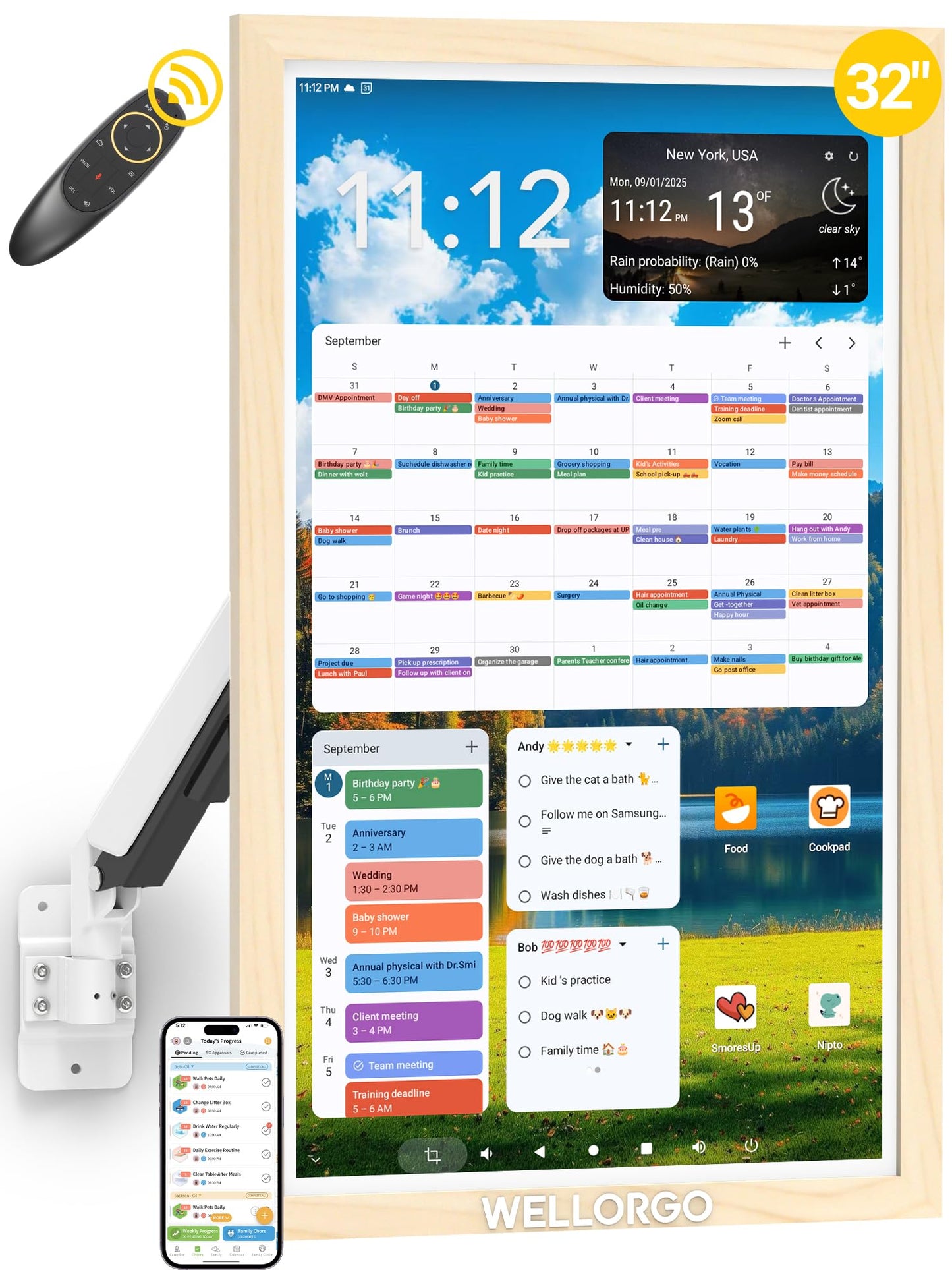 Wellorgo 32" Digital Calendar, Electronic Smart Calendar for wall, Large Family Daily Planner/Chores Chart for Kids, Touch Screen with Remote, Streaming Apps, Adjustable Wall Mount & Picture Frame
