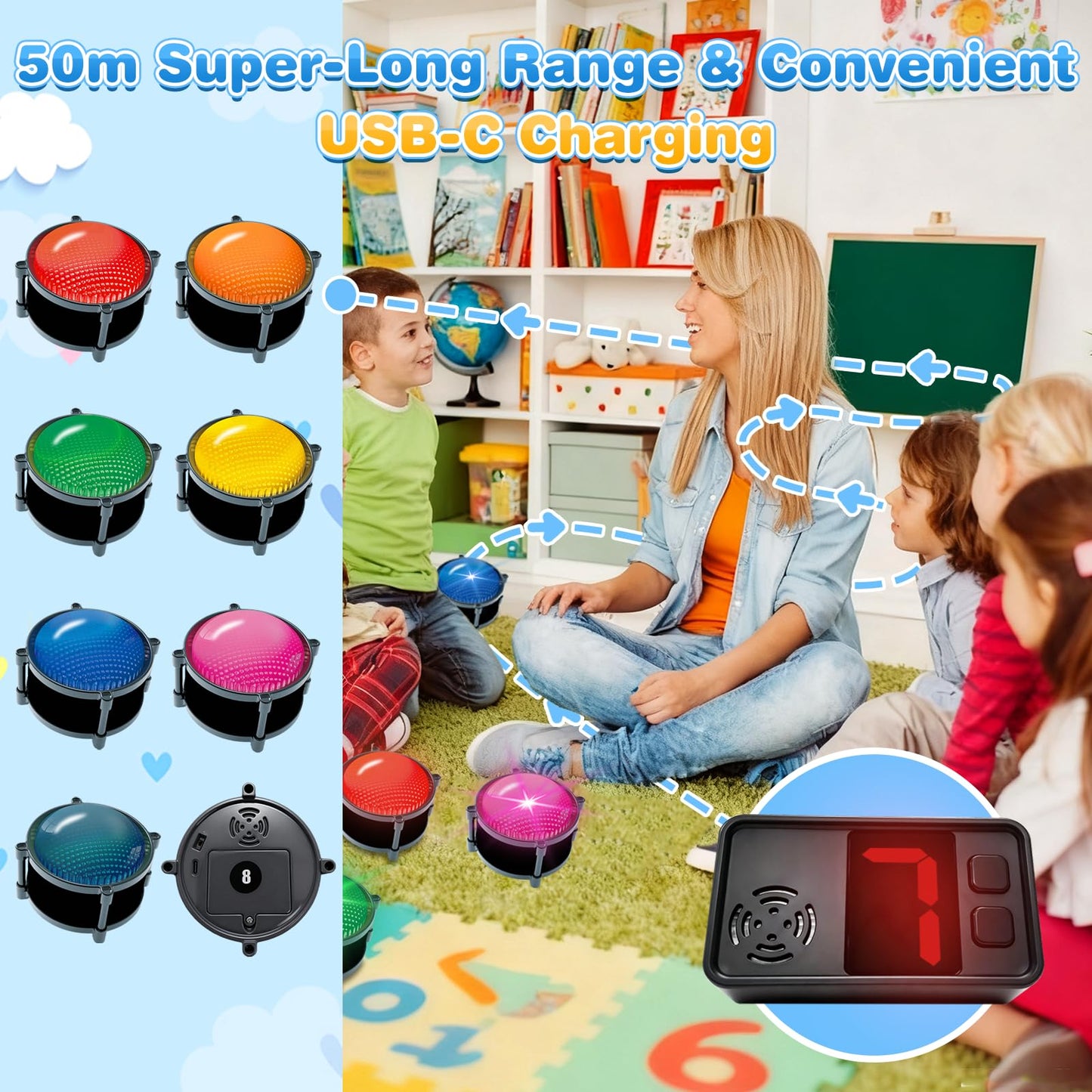 50m Answer Classroom Buzzers Light Up Game Buzzer System, Displays The Winning Player Loud, Console Displays First Buzz, Rechargeable Buzzers Great for Trivia Games, Family Feud, Jeopardy (8)