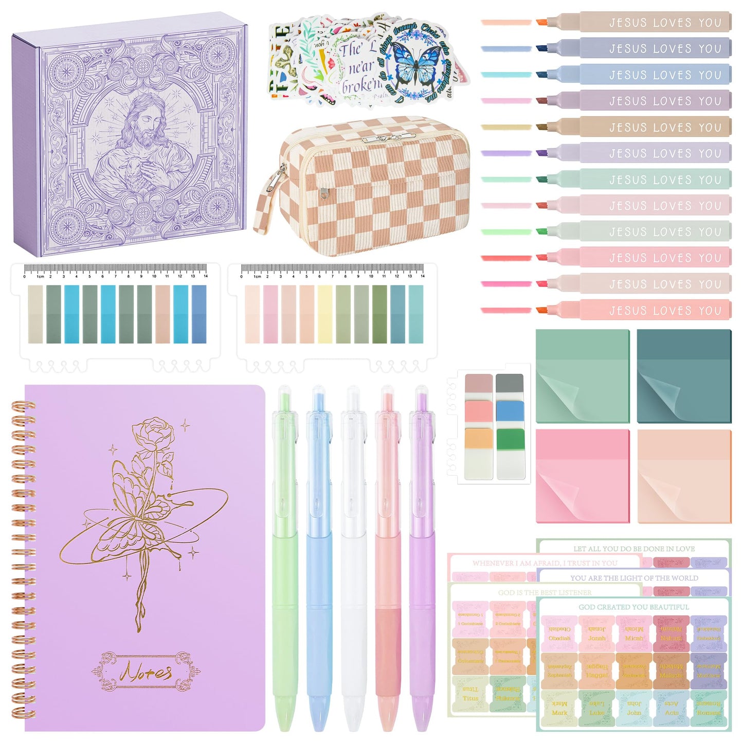 Bible Study Supplies Journaling Kit for Women,Bible Study Kit with Highlighters No Bleed,Journal Notebook Tabs Large Pencil Case, Accessories Set for Women Teens Beginner, Christian Gifts (purple)