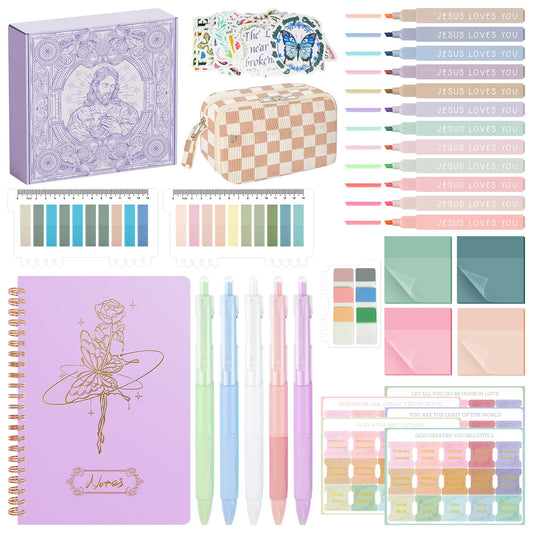 Bible Study Supplies Journaling Kit for Women,Bible Study Kit with Highlighters No Bleed,Journal Notebook Tabs Large Pencil Case, Accessories Set for Women Teens Beginner, Christian Gifts (purple)