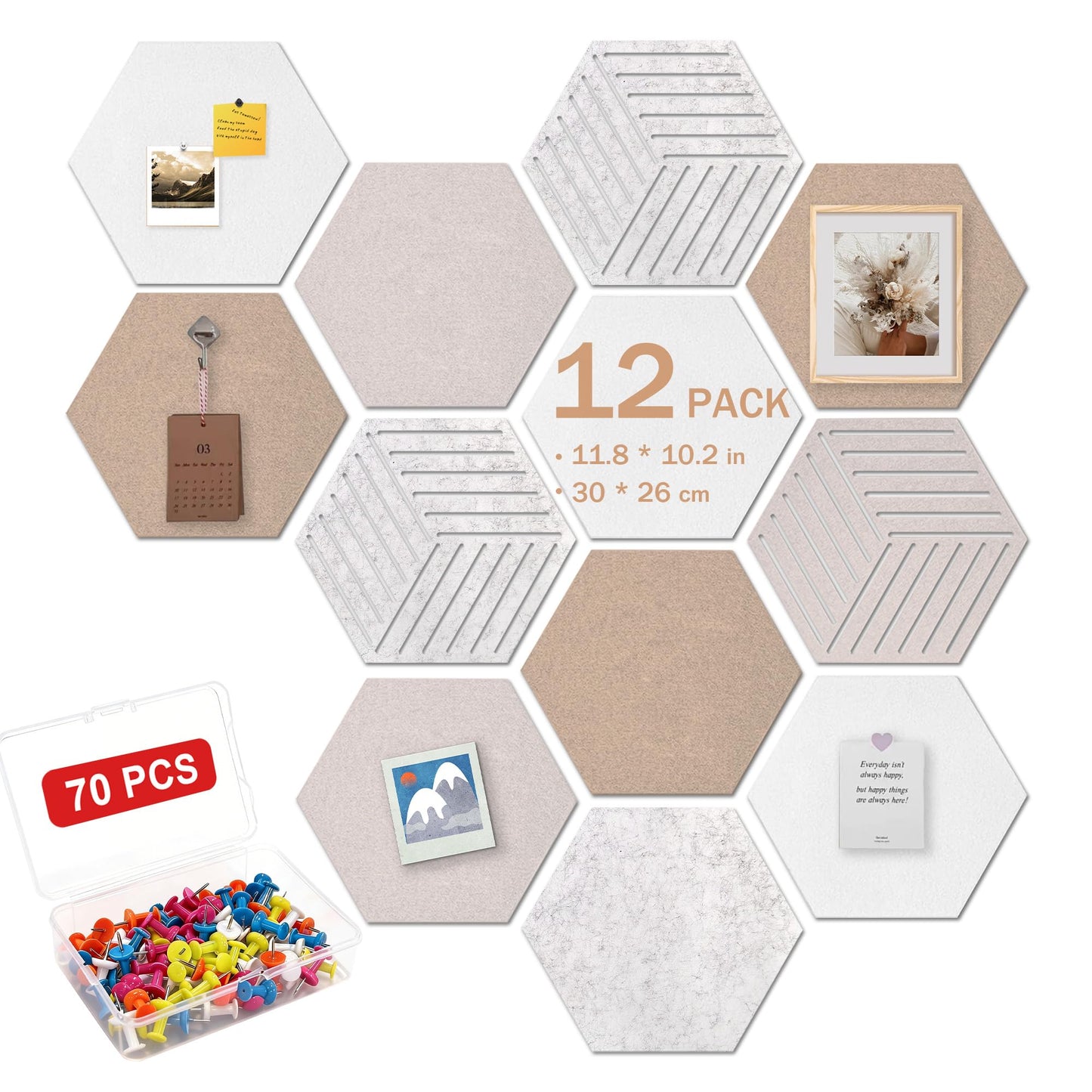 12 Pack Hexagon Cork Board, Warm Khaki & Hexagon Felt Bulletin Board with 70 Pins, 11.8x10.2 Felt Board,for Home Office Decor Wall Art & Vision Board with Cut-Out Designs
