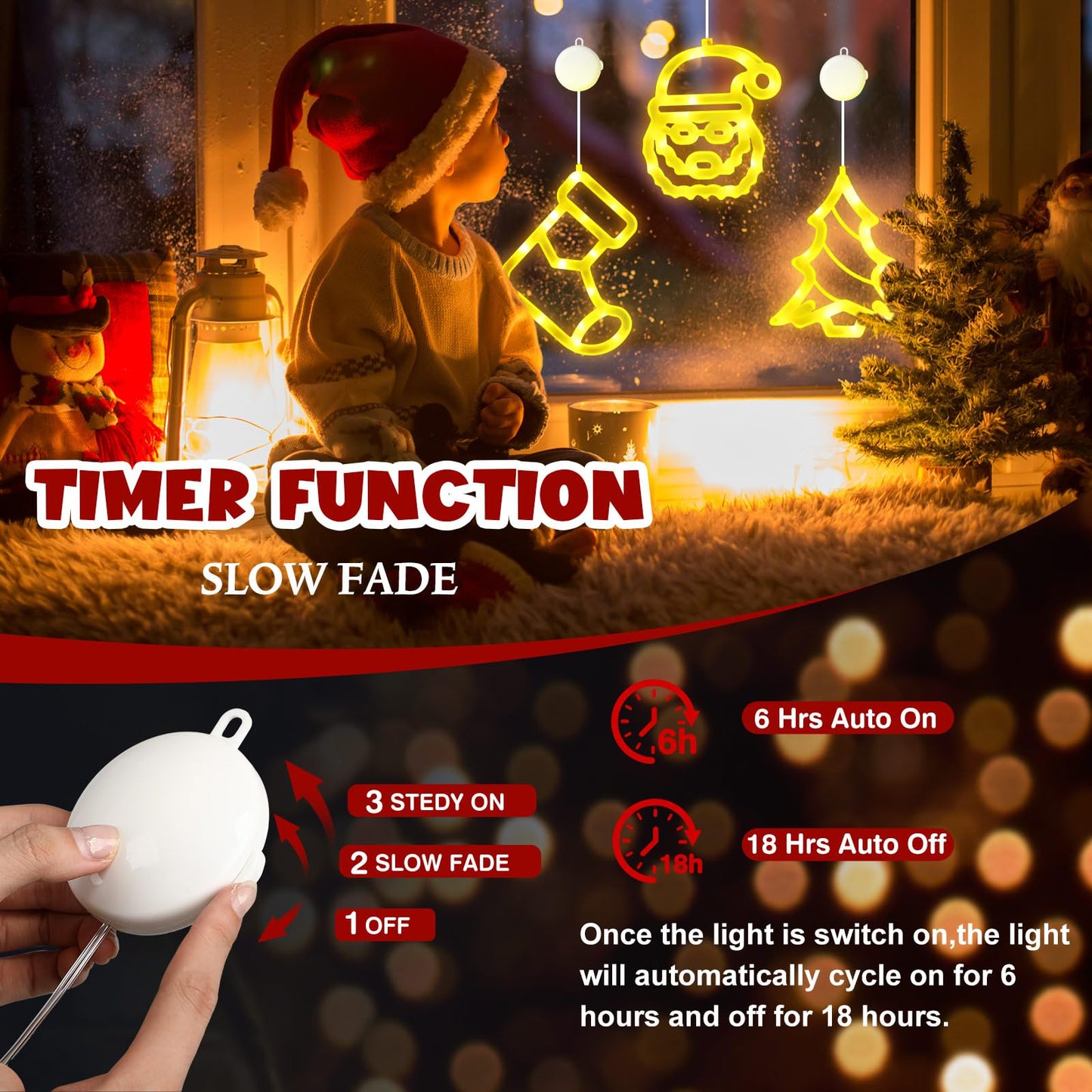 Gejoy Christmas Window Lights - 6 Pcs Warm White Acrylic Silhouette with Timer, Battery Operated, Classic Style Decor for Indoor/Outdoor