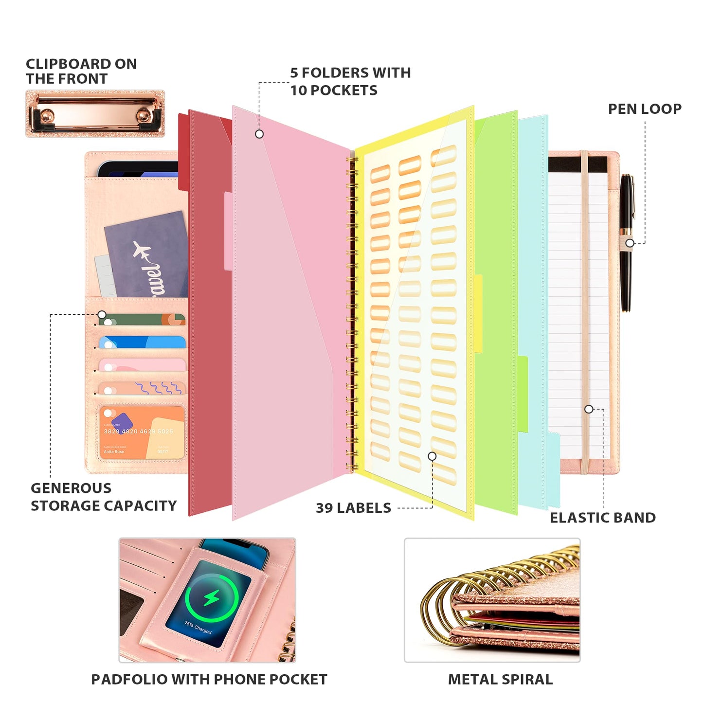 Ospelelf Clipboard with Storage for Women, Leather Padfolio Portfolio Organizer 5 Folders with 10 Pockets, Spiral Clipboard Folio with Notepad for Letter Size, Elastic Closure and Pen Loop Rose Gold