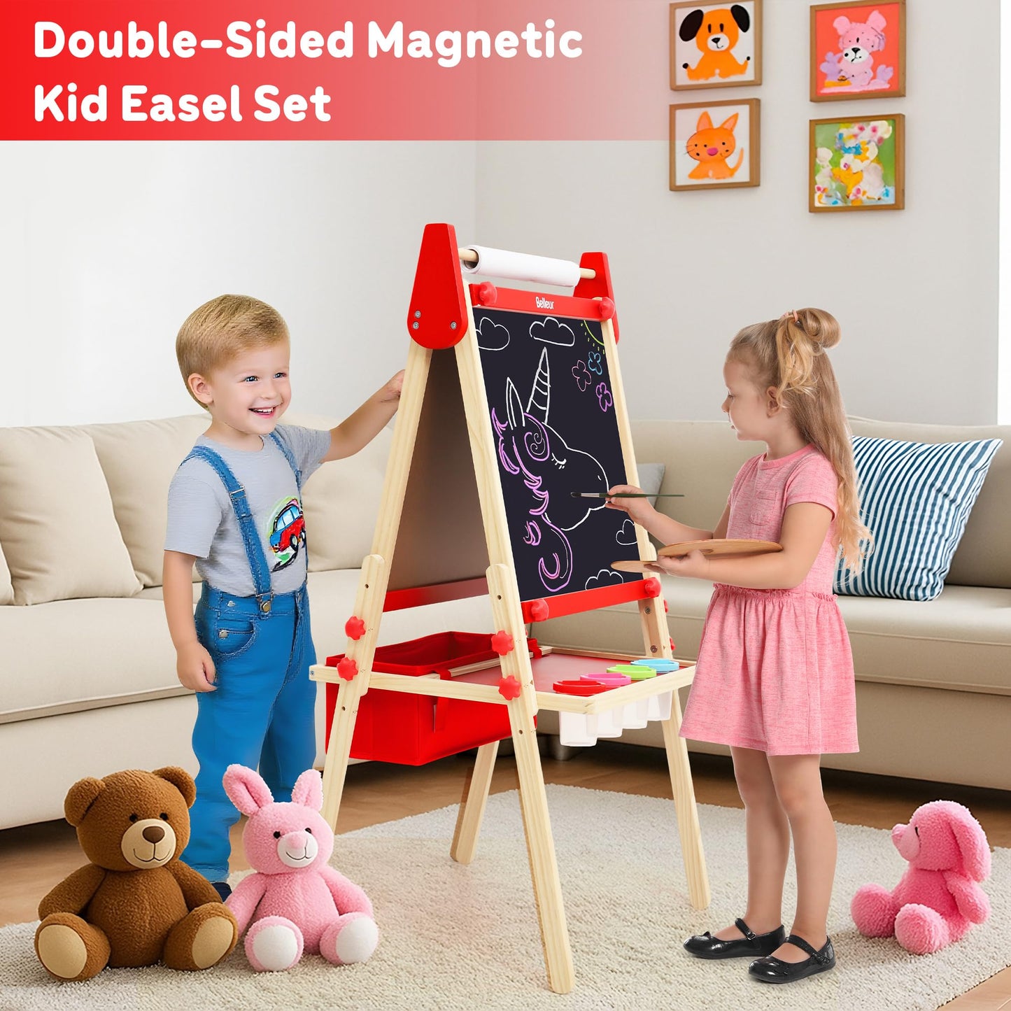 Belleur All-in-One Art Easel for Kids, Adjustable Double Sided Easel for Toddlers with Magnetic Whiteboard & Dry-Erase Chalk Board & Paper Roll, Child Painting Easel for Kid 2-8 Birthday Gift - Red