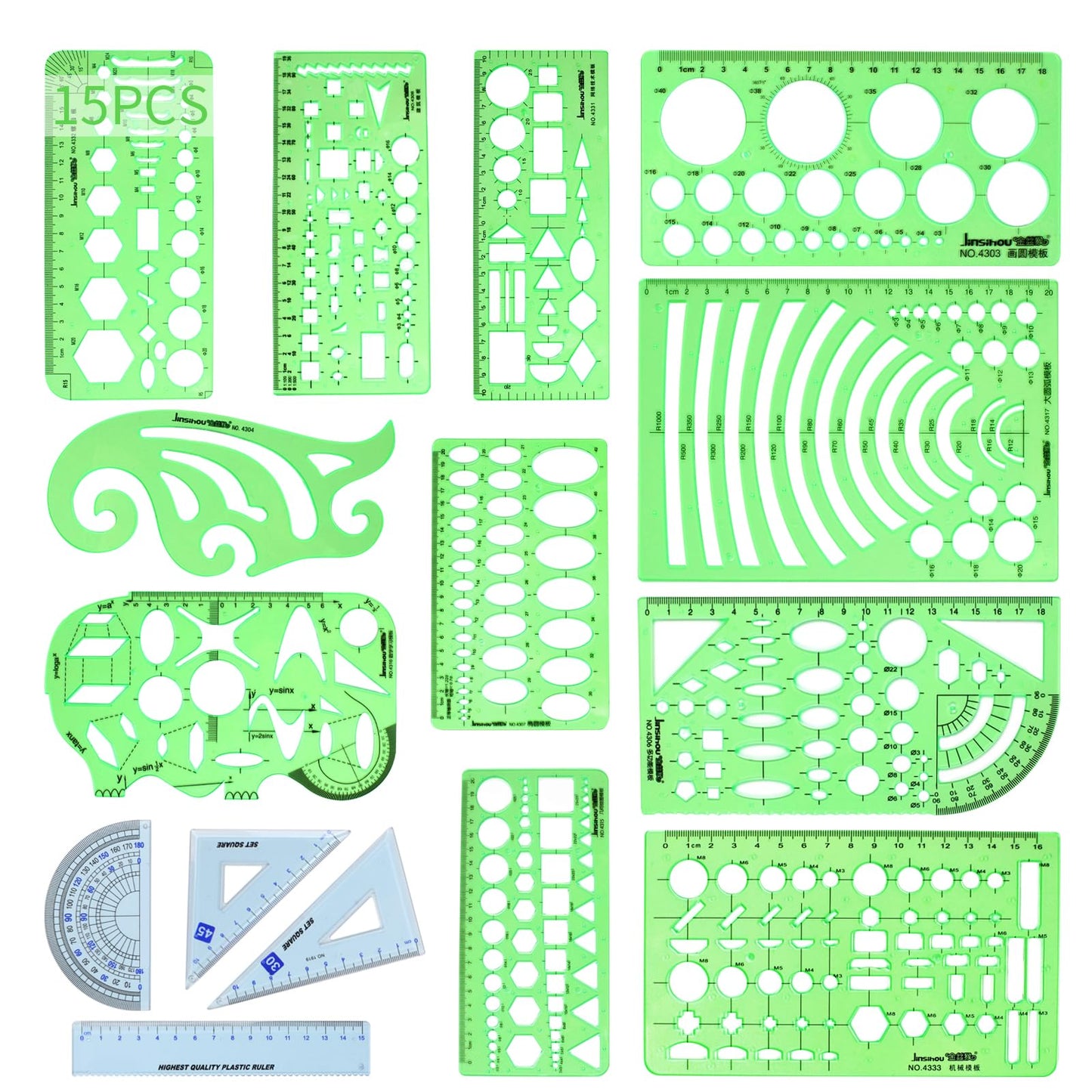 15PCS Geometric Drawings Templates,Transparent Green Plastic Ruler, Drafting Stencils Measuring Tools, Measuring Geometry Rulers for Office, Studying