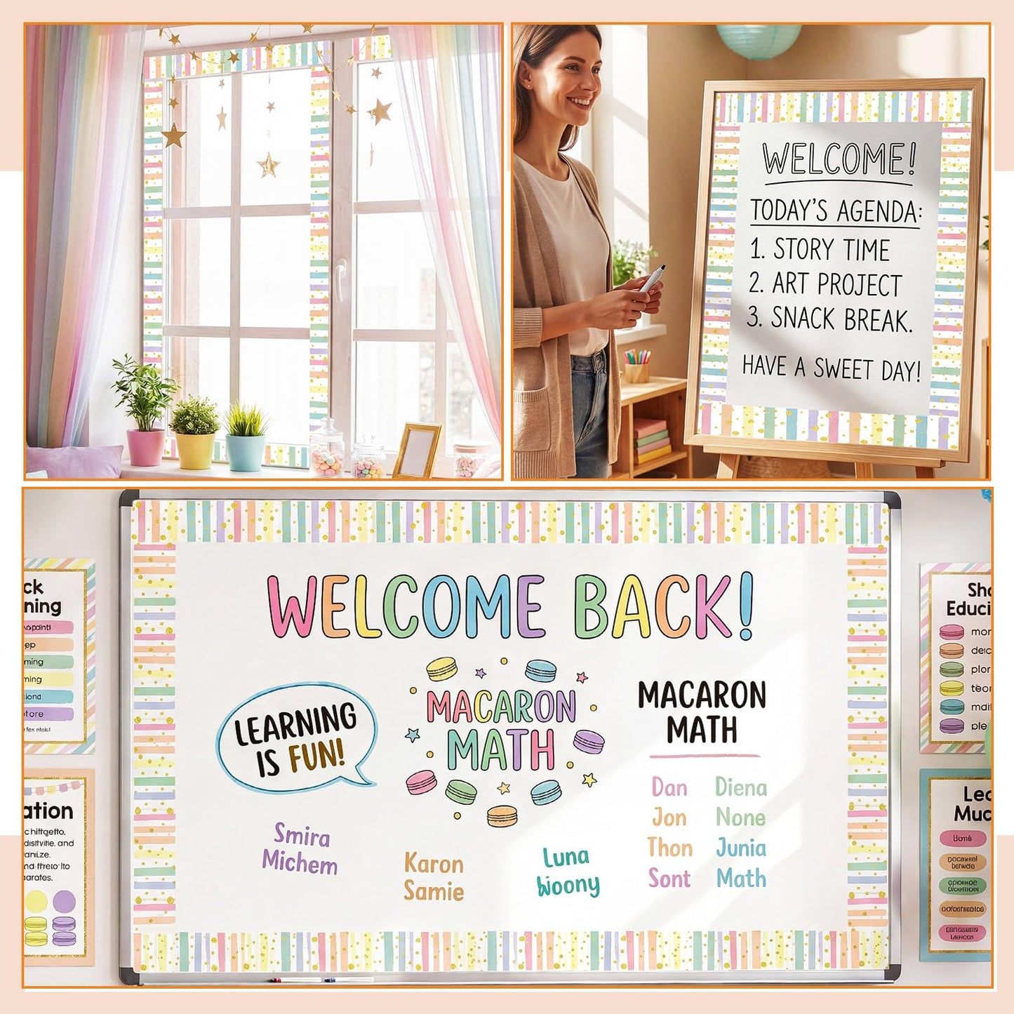 Tenceur 48 ft x 2.76 Inch Magnetic Borders for Whiteboard Decoration, Macaron Polka Dots Stripes Magnetic Bulletin Board Border Set for Summer Classroom Office Chalkboard Poster Board Decor
