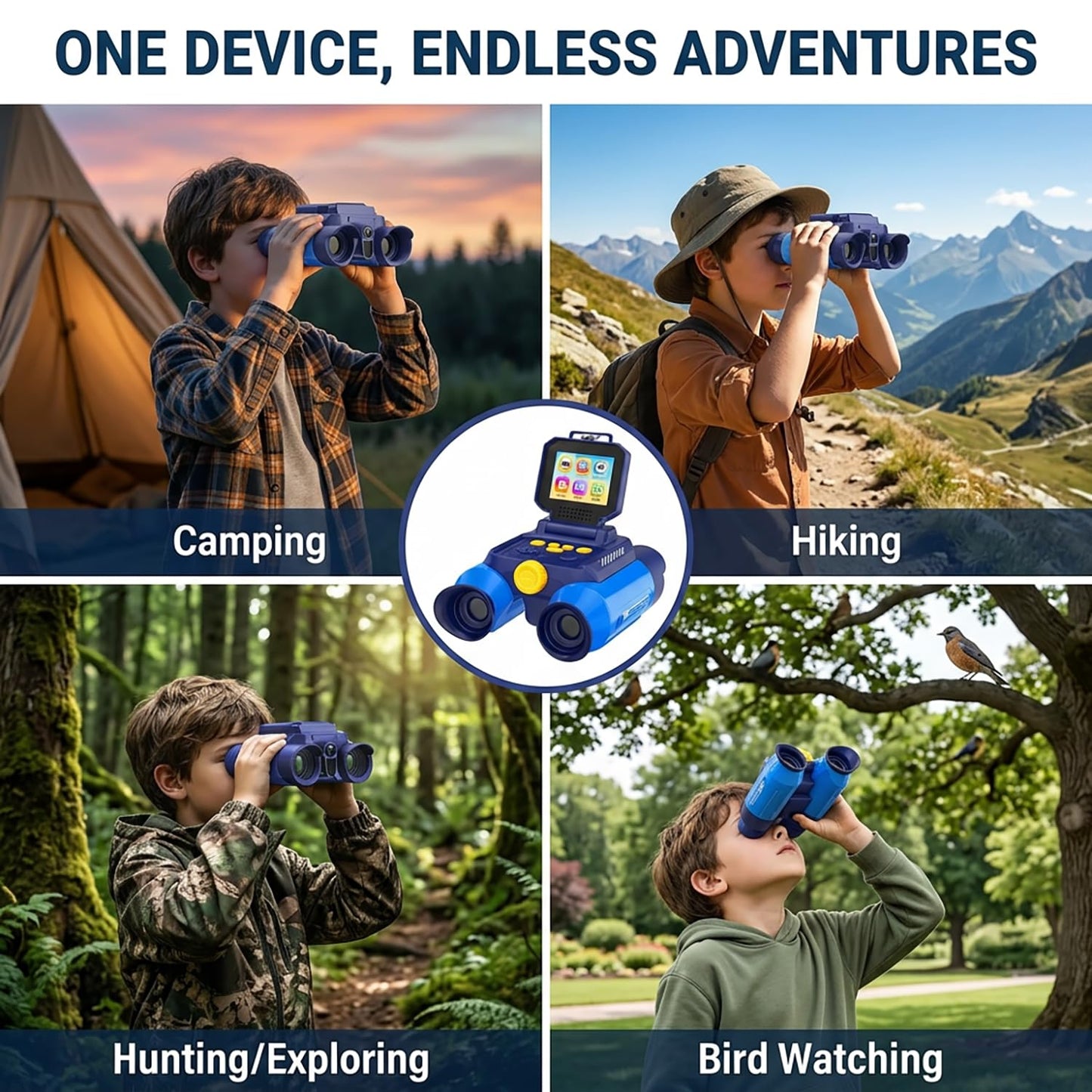 OAEBLLE Kids Binoculars with Night Vision Camera, 10X Zoom Digital Adventures Telescope with 2.4" IPS Screen, Nature Explorer STEM Toys for Bird Watching Camping, Gifts for Boys Girls Age 4-12 - Azure