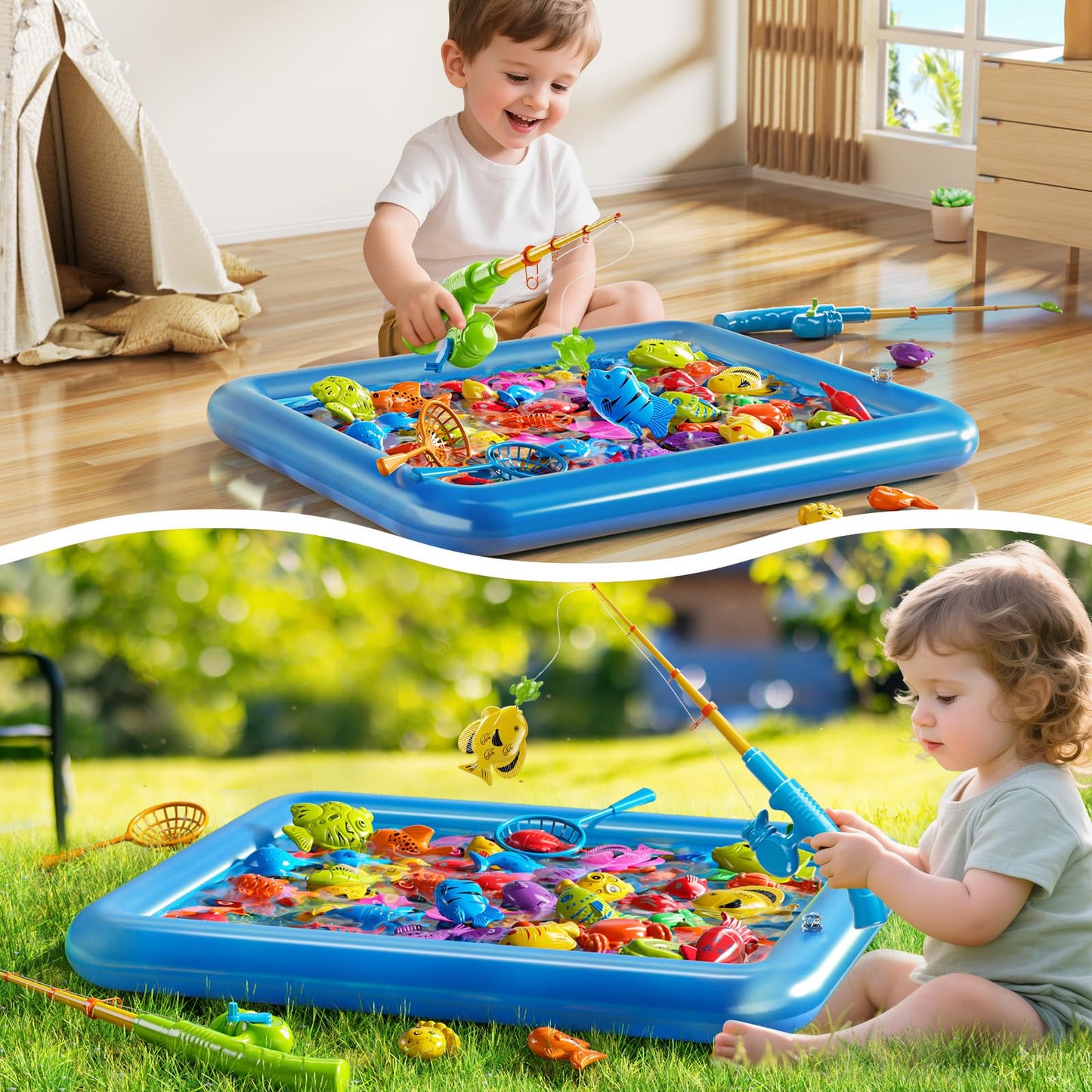 PEADUCK Magnetic Fishing Game Pool Toys Set for Kids 3-5, Water Table Bathtub Toys with Inflatable Pool Pole Rod Net Plastic Floating Fish, Outdoor Toys for Kids Boys Girls Age 3 4 5 6 7 8 Year Old