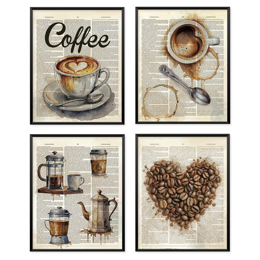 VONTP Retro Coffee Wall Art Decor, Coffee Bar Station Corner Shop Kitchen Decor, Expresso Drinks Prints Poster Wall Decorations for Cafe Shop Dining Room, 8x10 Set of 4 (Unframed)