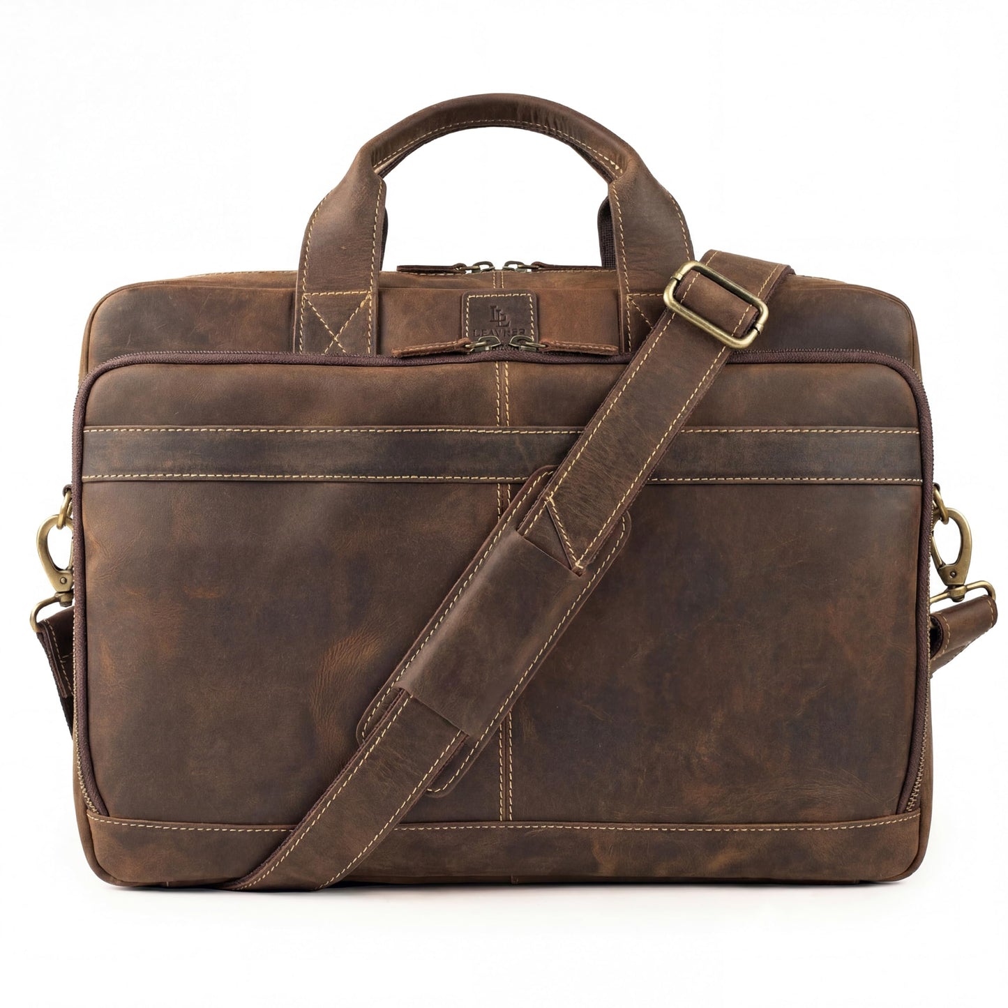 Mens Full Grain Leather Briefcase Fits 16 Inch Laptop, Leather Laptop Messenger Shoulder Satchel, Vintage Professional Work Office Bag - Brown