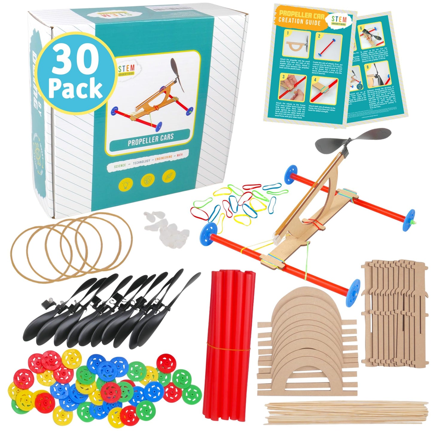 Rubber Band Propeller Car Kit, 30-Pack – Build 30 Rubber Band Propeller Cars, Complete STEM Engineering Project Kit for Classrooms, Ages 8+