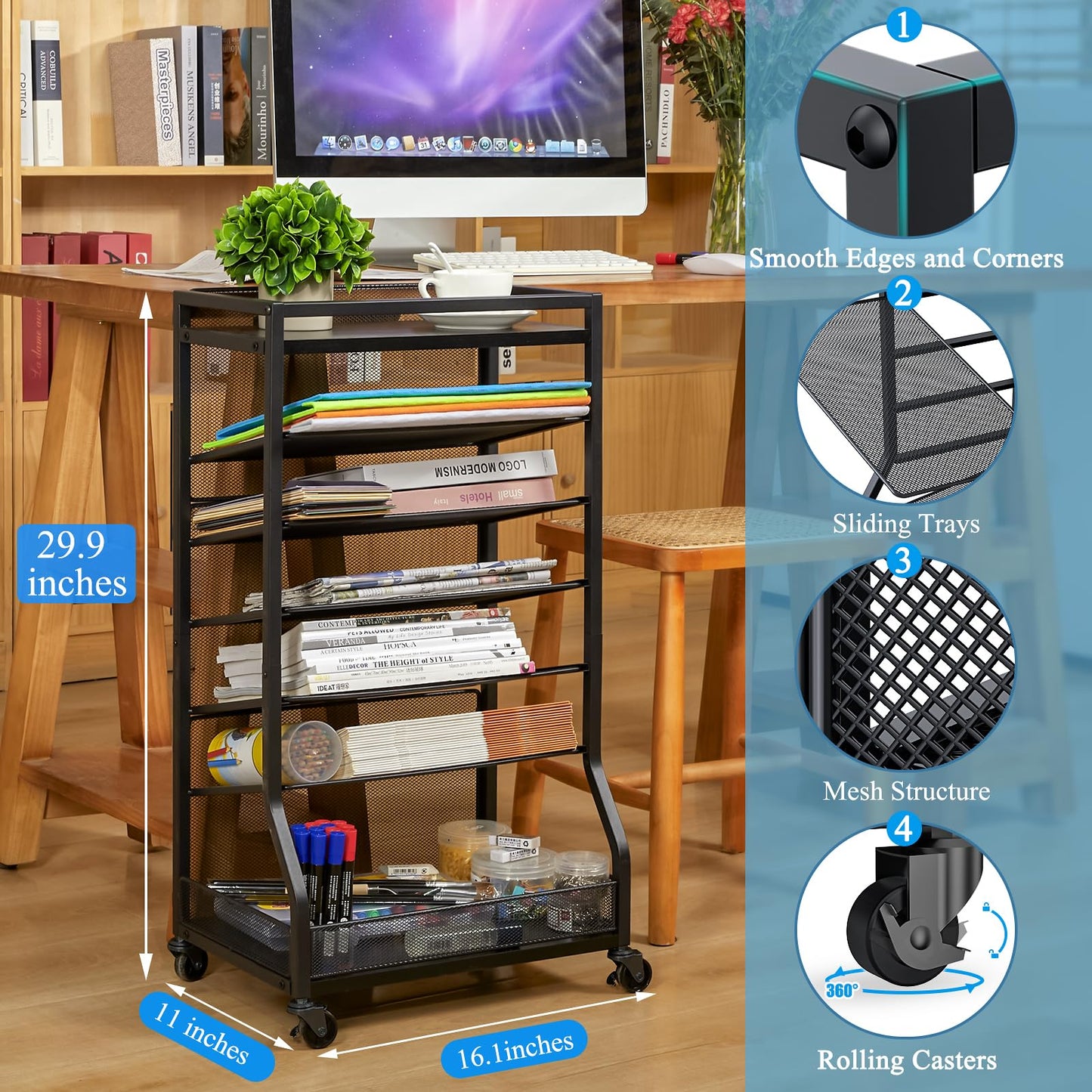 ThreeHio 7 Tier Rolling File Cart with Sliding Trays, Wood Metal File Organizer Beside Desk, Free-Standing File Holder, Paper Letter Tray Organizer Mesh Desk Organizer for Home Office School (Patent)