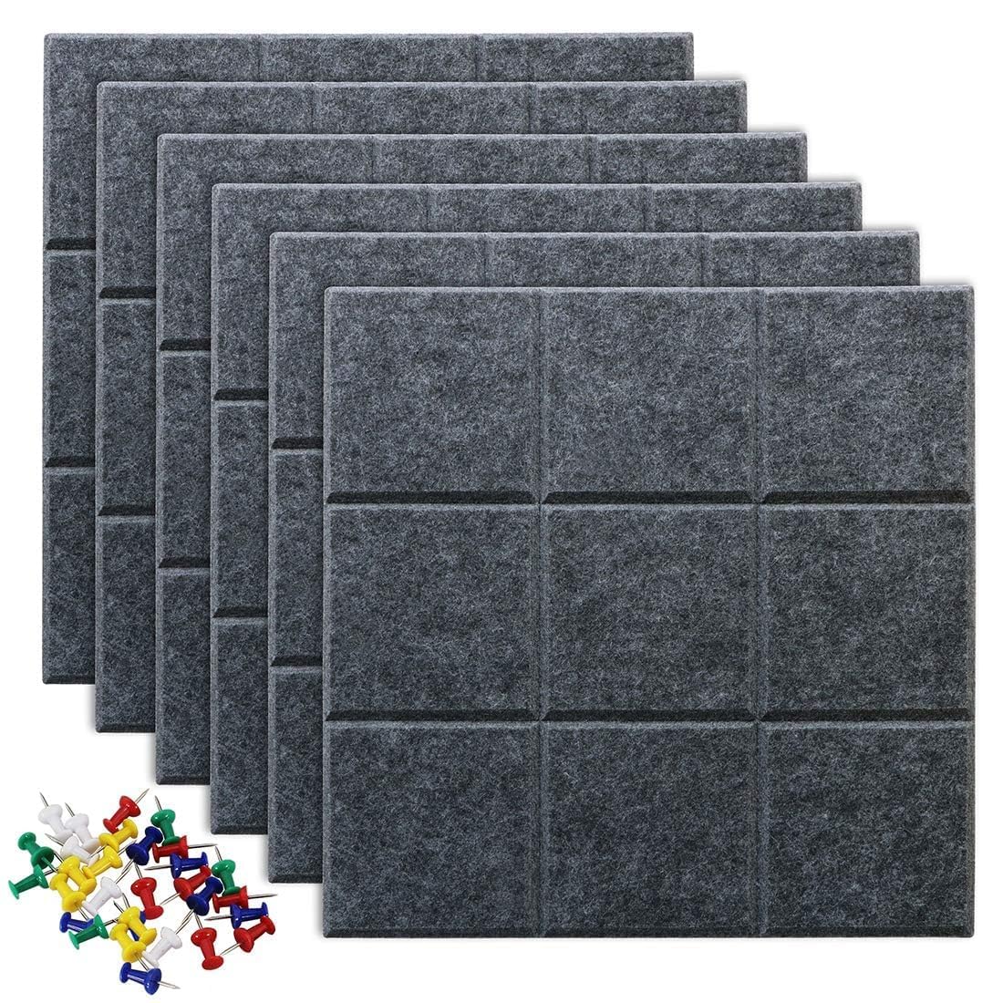 Uoisaiko Large Cork Board Felt Board Tiles for Walls with 30 Push Pins, 11.8"x11.8" Pack of 6 Pin Board Notice Boards for Home Office Kitchen, Bulletin Board Wall Tiles for Photos Memos