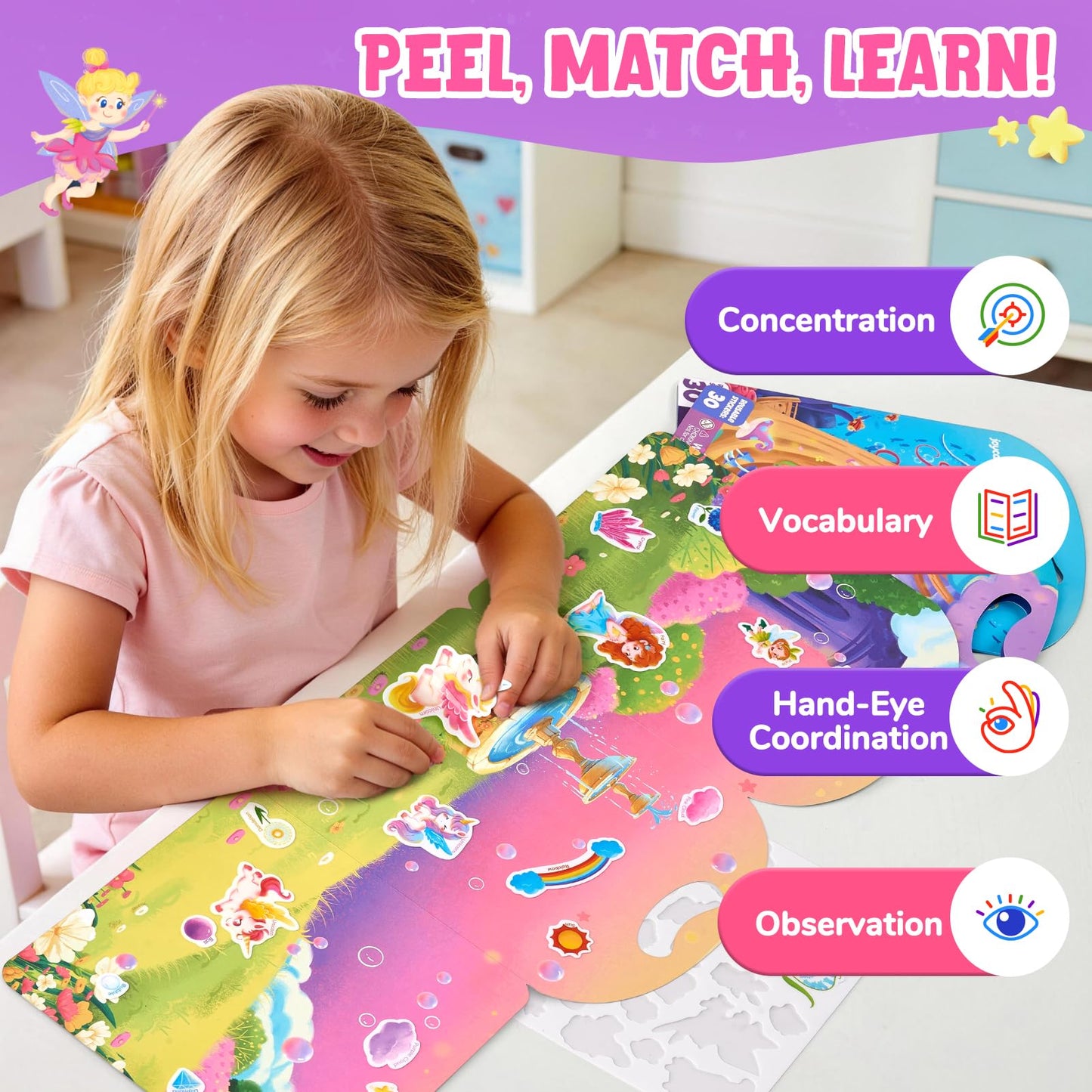 JoyCat Reusable Sticker Book Set (3-Pack): Unicorn, Fairies, Mermaid - 90 Pcs Stickers for Toddlers, Kids Sticker Activity Book, Road Trip Travel Toys, Party Favors, Birthday Gifts for Baby Girls
