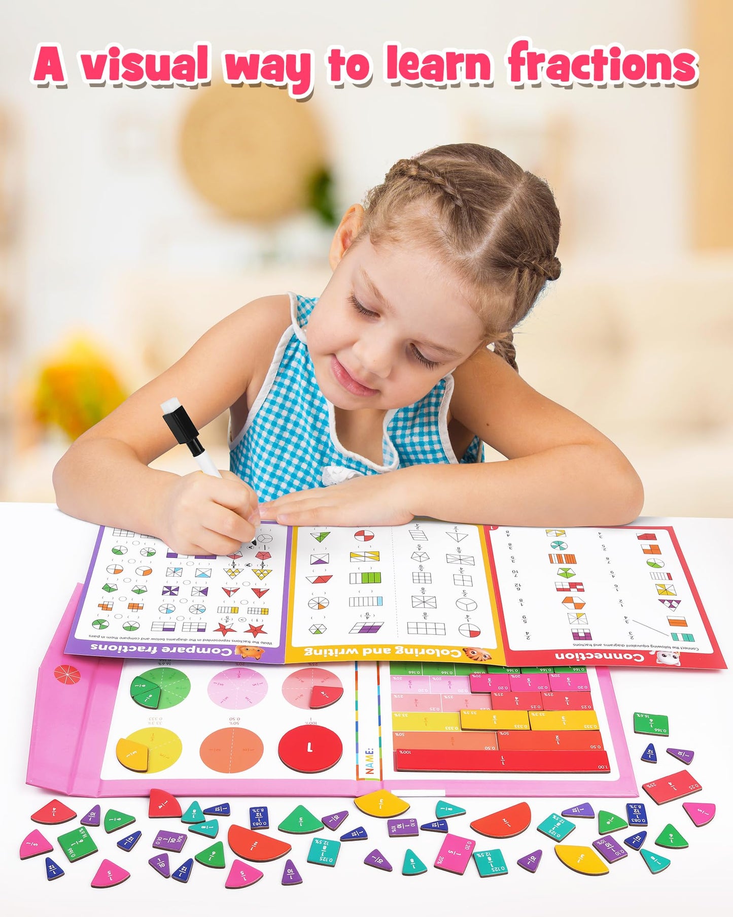 D-FantiX Magnetic Fraction Book, Magnetic Fraction Tiles & Fraction Circles Set, Math Manipulatives for Elementary School, Montessori Fraction Manipulatives Learning Tools for Kids