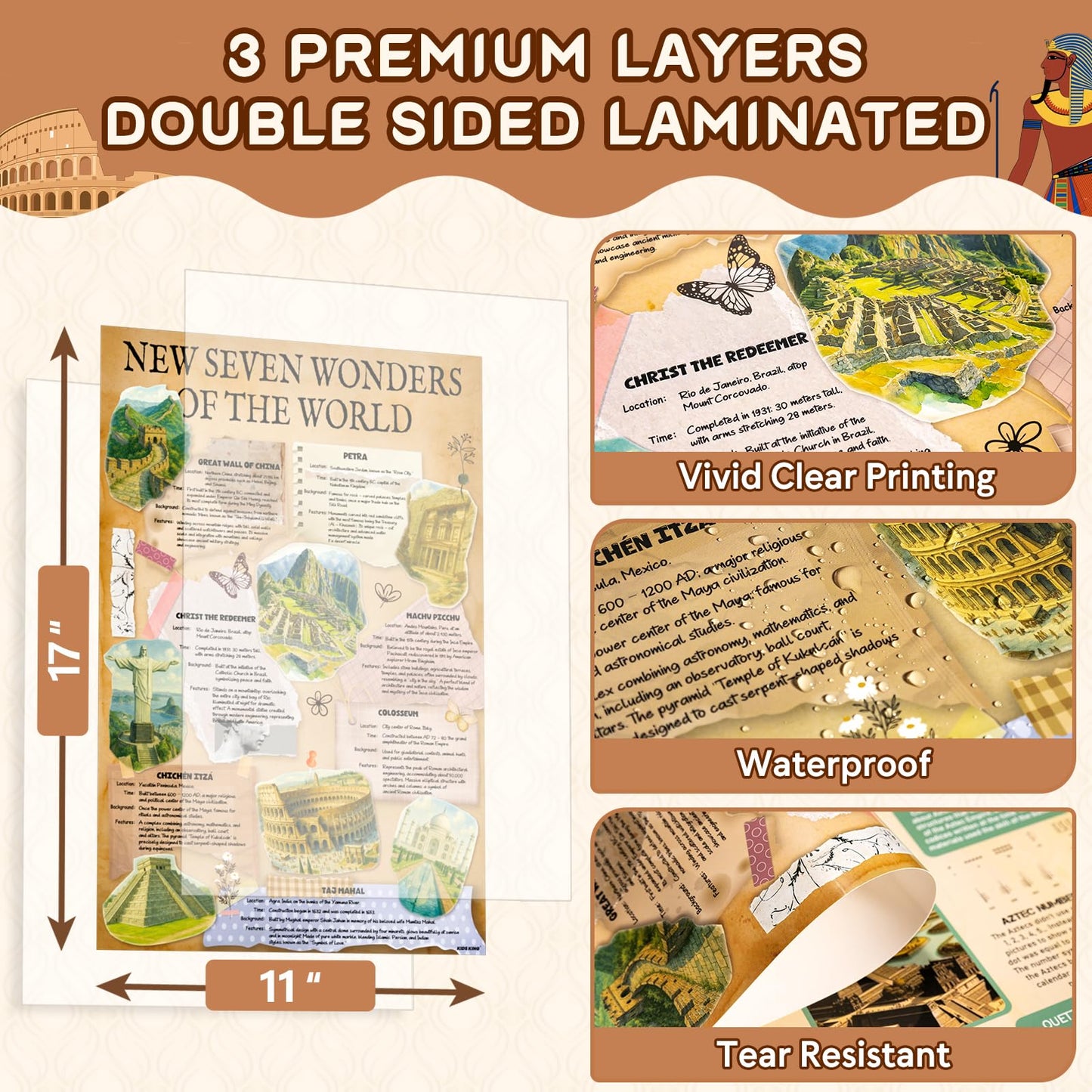 KIDS KING 18 Culture Posters for Classroom, 11x17in Laminated Educational Posters of Ancient Civilizations History, 7 Wonders of The World, Top 10 Unsolved Mysteries - School Hallways, Home Study Room