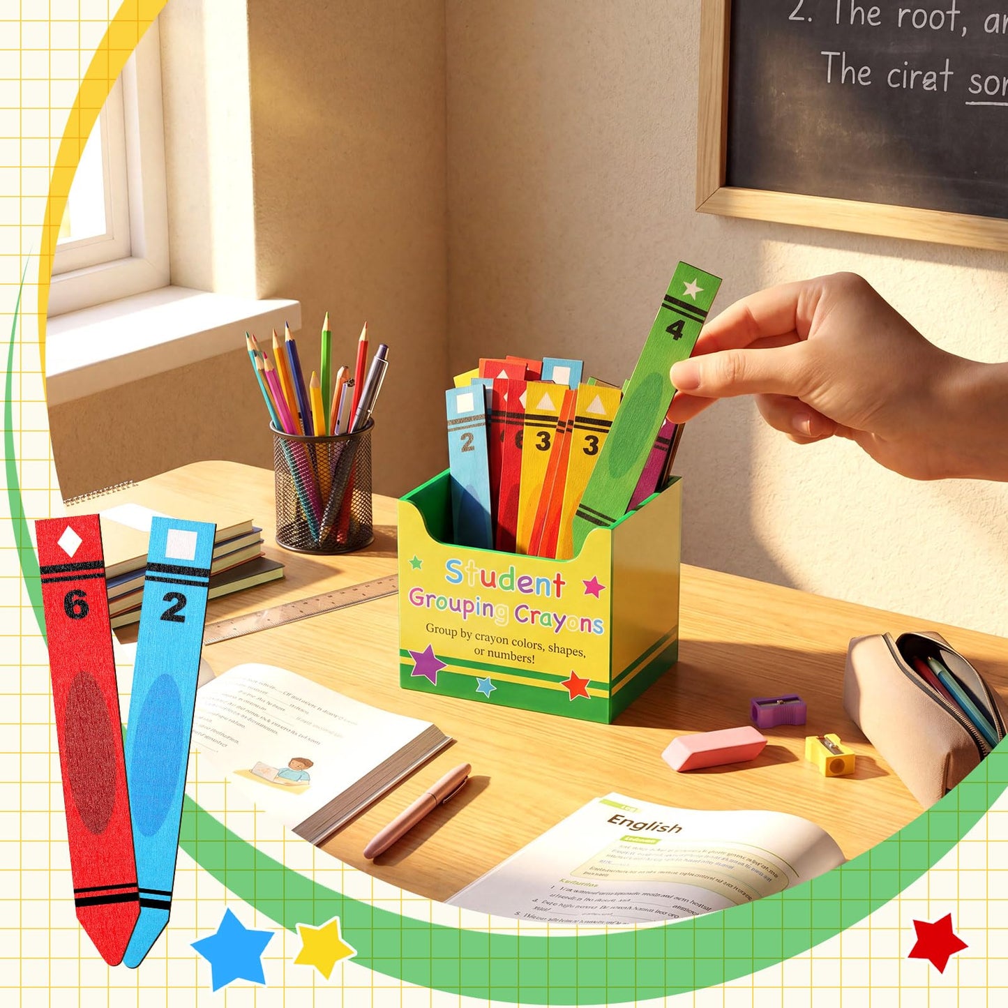 Eaasty 37 Pcs Back to School Student Grouping Crayon Talking Sticks for Classroom Crayon Flip Name Sticks with Box for Classroom Management Tool Teacher Essential Student Educational Learning Activity