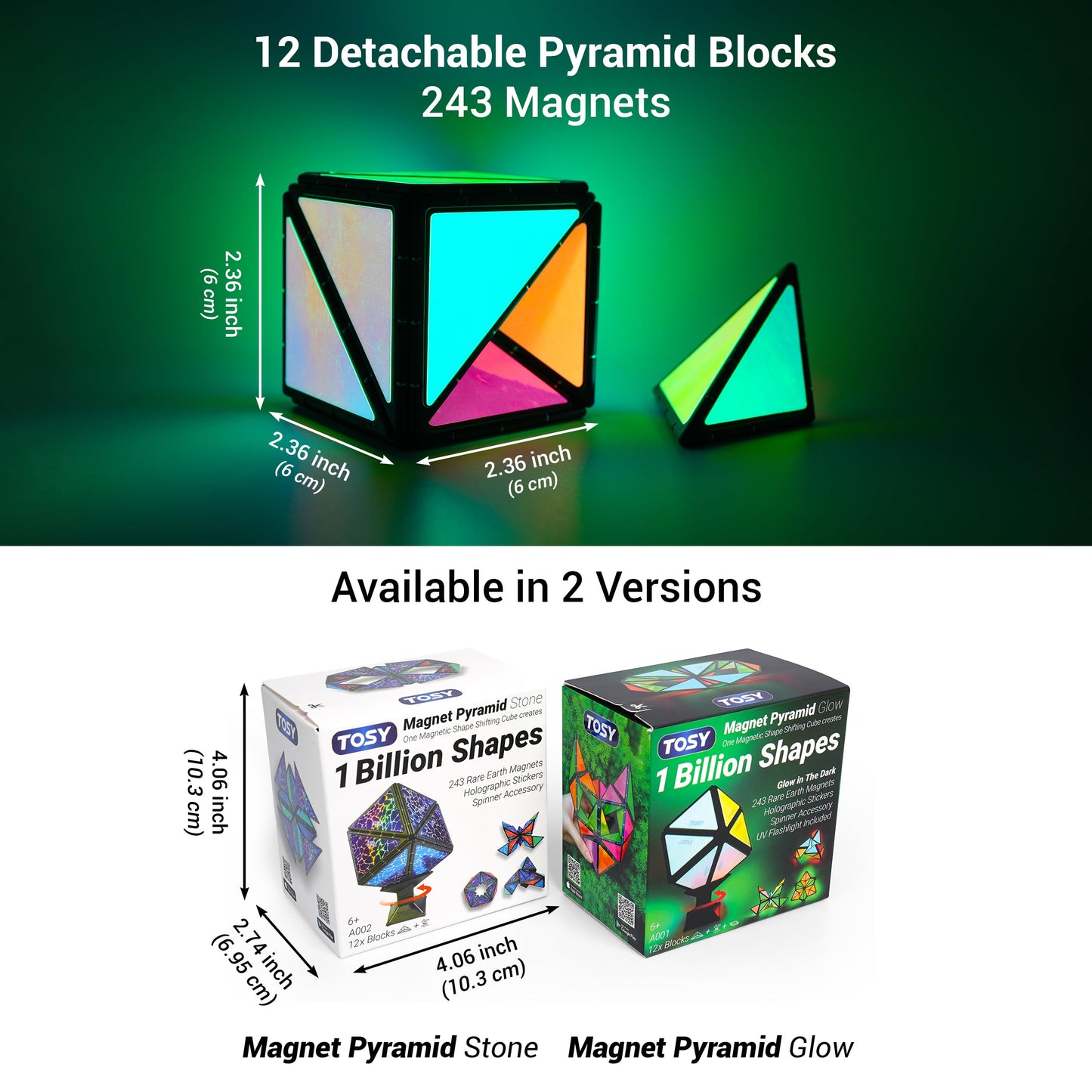 TOSY Magnet Pyramid - 1 Fidget Cube Transforms into 1 Billion Shapes, 243 Rare Earth Magnets, Glowing, Holographic Design, Spinner Accessory, Gift for Christmas Birthday (Set of 1 Stone 1 Glow)