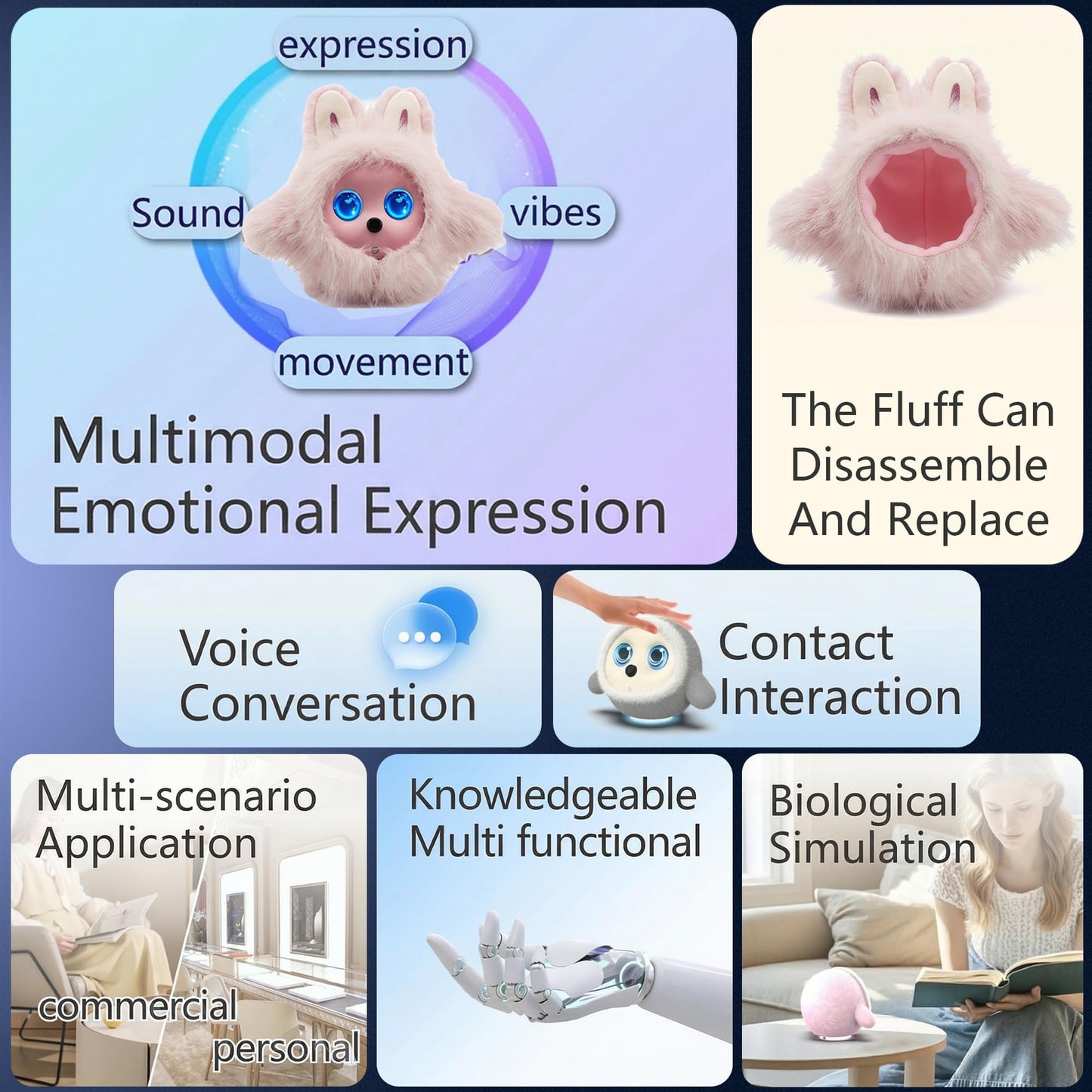 Funio AI Smart Robotic Pet, Cute Emotional Companion Robot with Multimodal Interaction, Replaceable Fluffy Cover, Voice Conversation, Touch Sensing, LCD Screen, Suitable for Home & Office