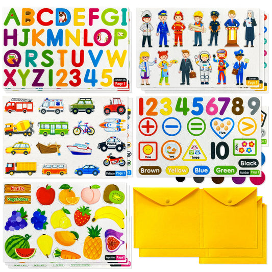 PENGFULL 5 Felt Learning Pieces Set,Alphabet Letters Fruits and Vegetables Numbers Community Helpers Transportation Learning Pieces,for Felt Flannel Board, for Toddlers Kindergarten Preschool
