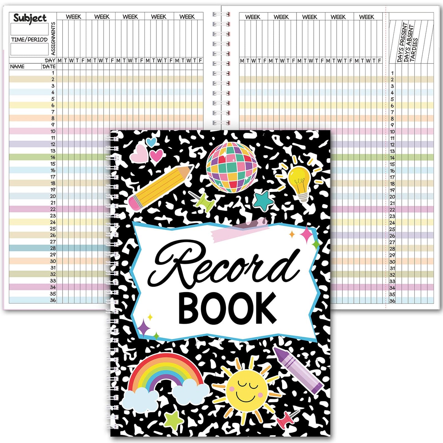 Fuyoooo Teacher Record Book Teacher Grade Books 2026-2027 Spiral Bound Record Planner 2026 Class Grade Book Office Favors for Classroom Attendance Decoration Double Sided(Black,Dots)