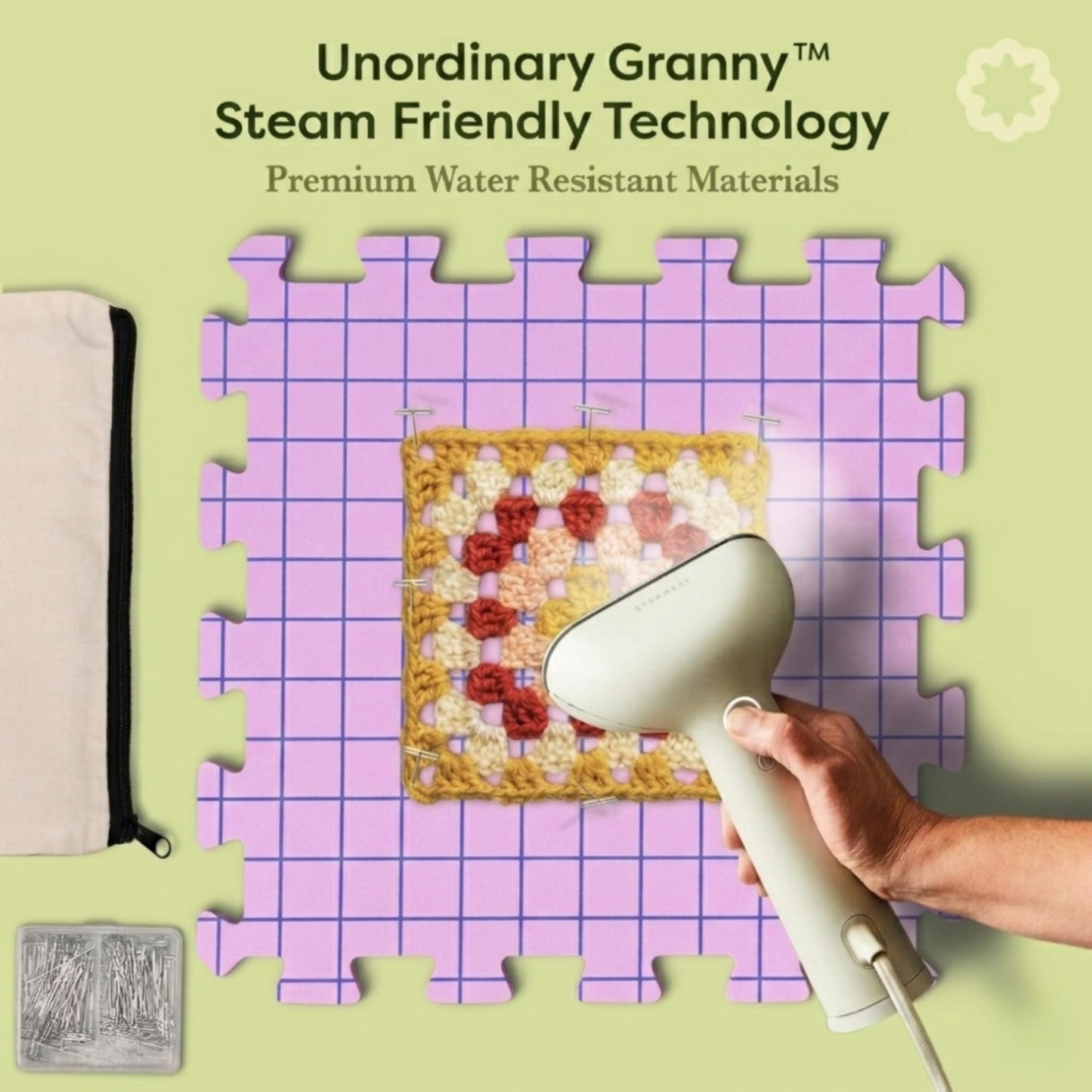 Unordinary Granny Crochet Blocking Board Set – 9 Extra Thick Interlocking Mats with Grid, 150 T-Pins, Felt Storage Bag and Cotton Pouch (Blush Pink)