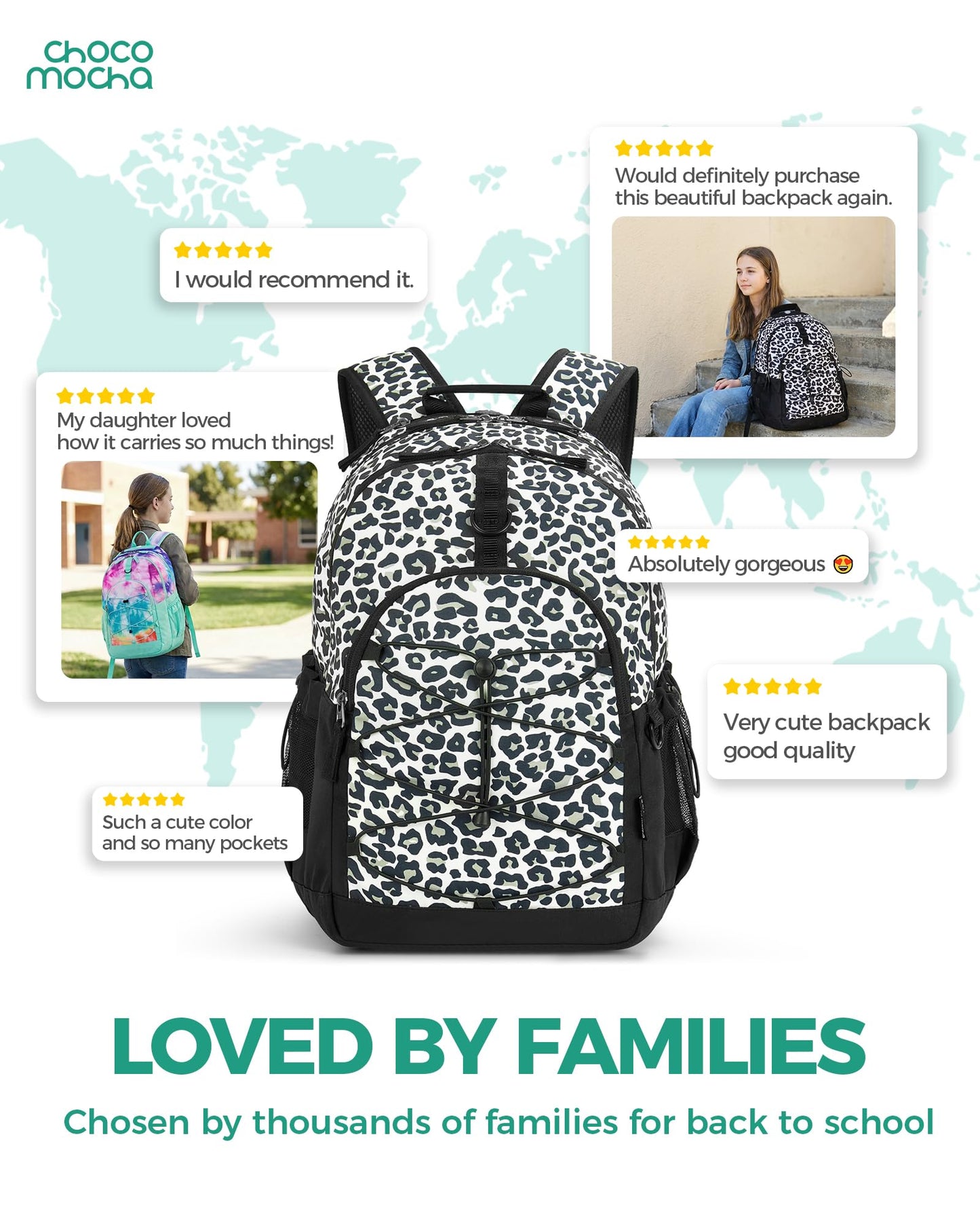 Choco Mocha Snow Leopard Backpack for Teen Girls, Travel School Backpack for Girls Middle School Large Bookbag 18 Inch, Black
