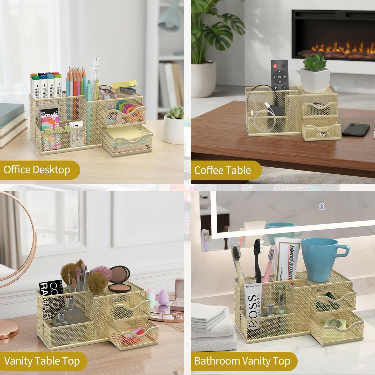 ReePlan Mesh Desk Organizer, Pen Organizer with 2 Drawers and 5 Compartments, Versatile Pen Holder for Small Space, Desk Organizers and Accessories for School Office Supplies, Gold
