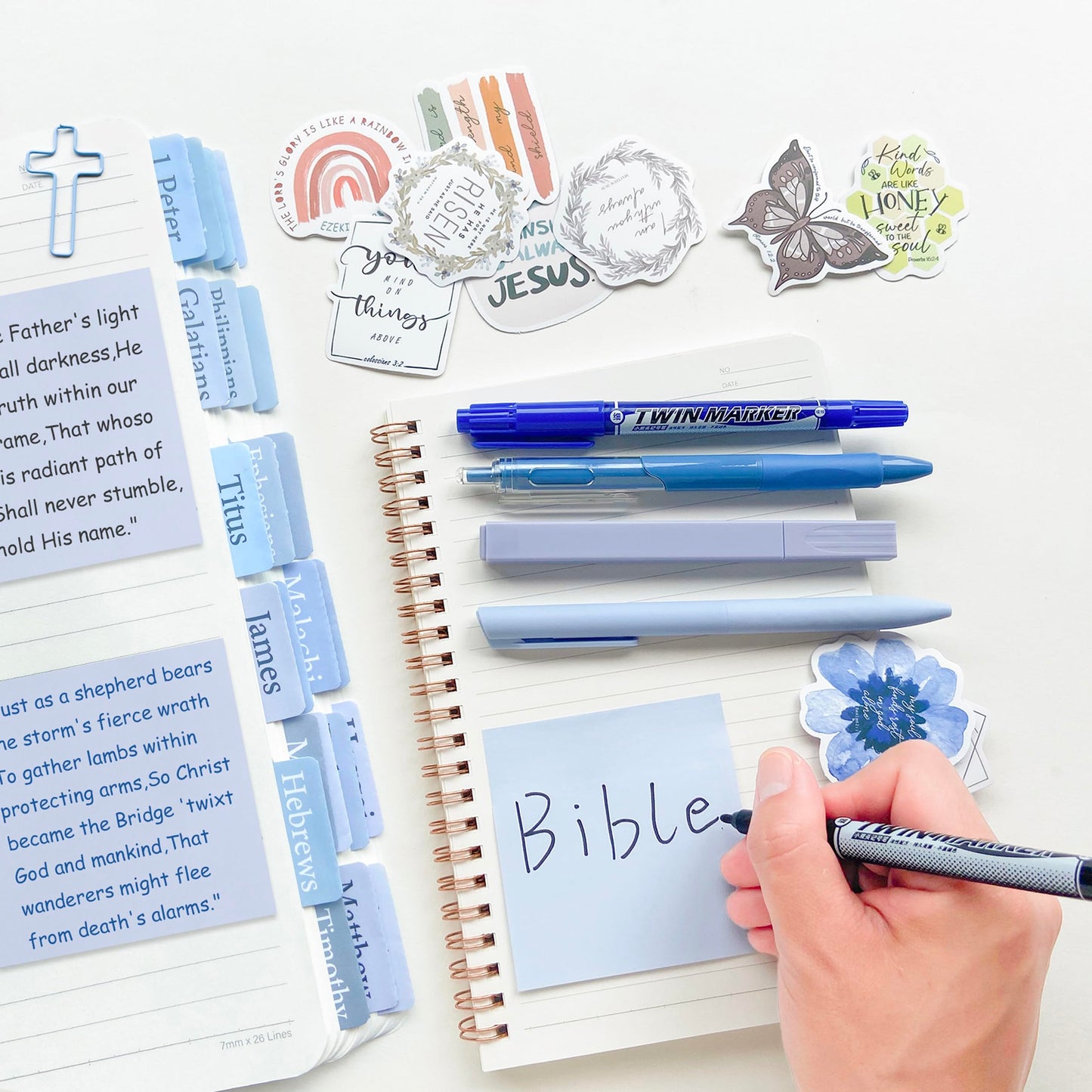 J6&H6 170Pcs Complete Bible Study Supplies Journaling Kit with Tabs, Highlighters and Color Pens, Notebook,Stickers & More Bible Accessories Set for Women, Beginner Christian Gifts(Blue)