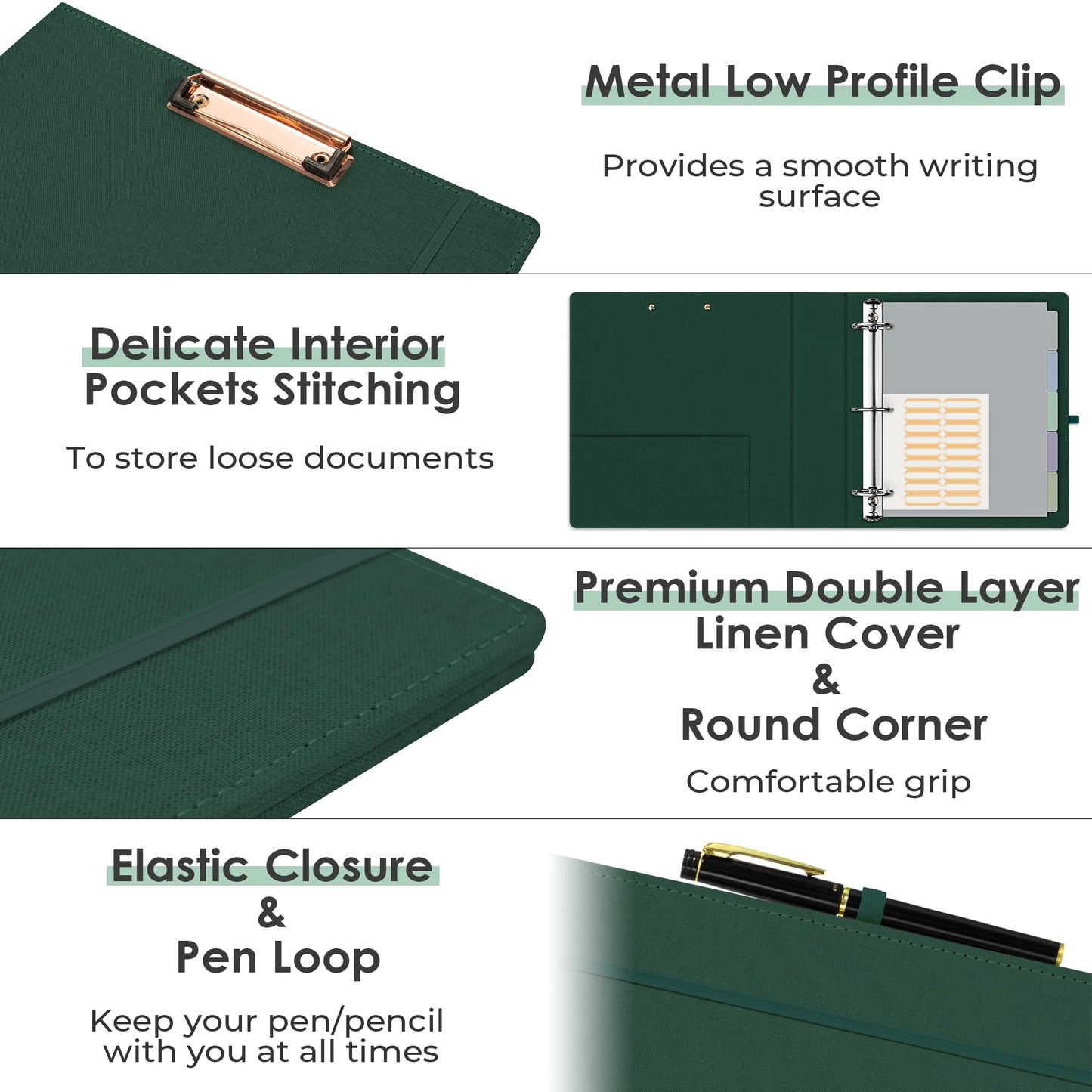EYROZILL 3 Ring Binder 2 Inch, Binder for Letter Size (11" x 8.5") with 5 Tab Dividers, File Folder Labels and Low Profile Clipboards, Blackish Green