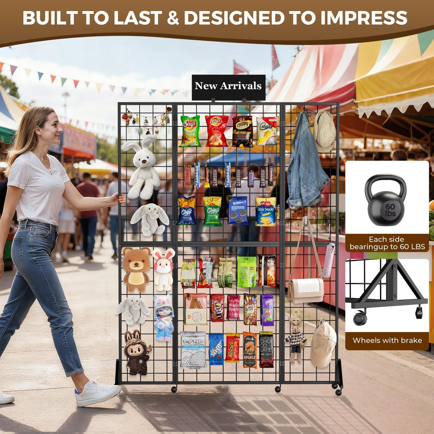 Foldable Grid Wall Panel, 6' x 4.25' Ft Gridwall Display Stand with Notice board, Heavy Duty Sturdy Floorstanding Wire Grid Display Rack, Movable Silent Wheel, Ideal for Retail & Art Craft Fairs