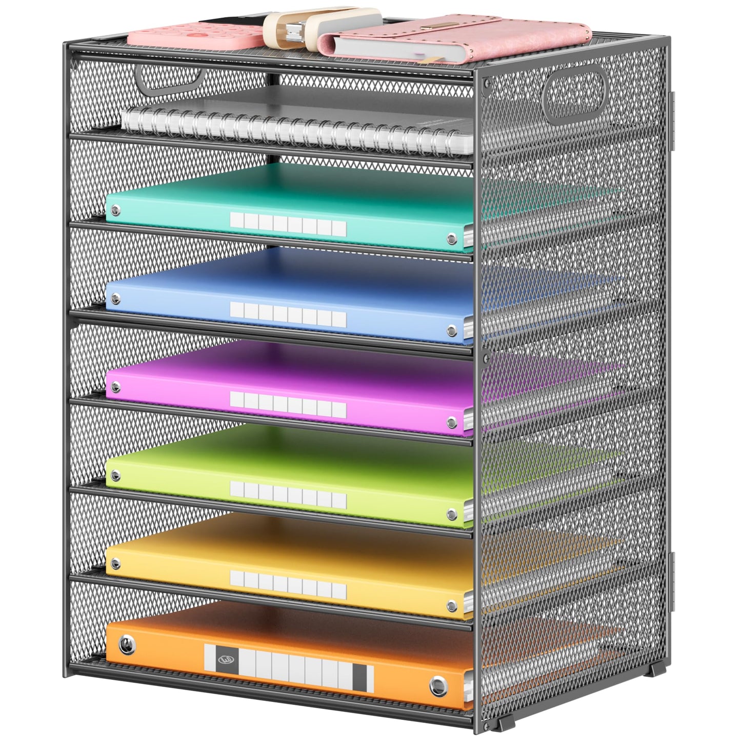 Lavatino 8-Tier Office Desk File Organizer, Letter Tray Paper Organizer with Handle, Including 5 Adjustable Slide Trays for Organizing Desktop Workspace Accessories and Supplies (Grey Metal Mesh)