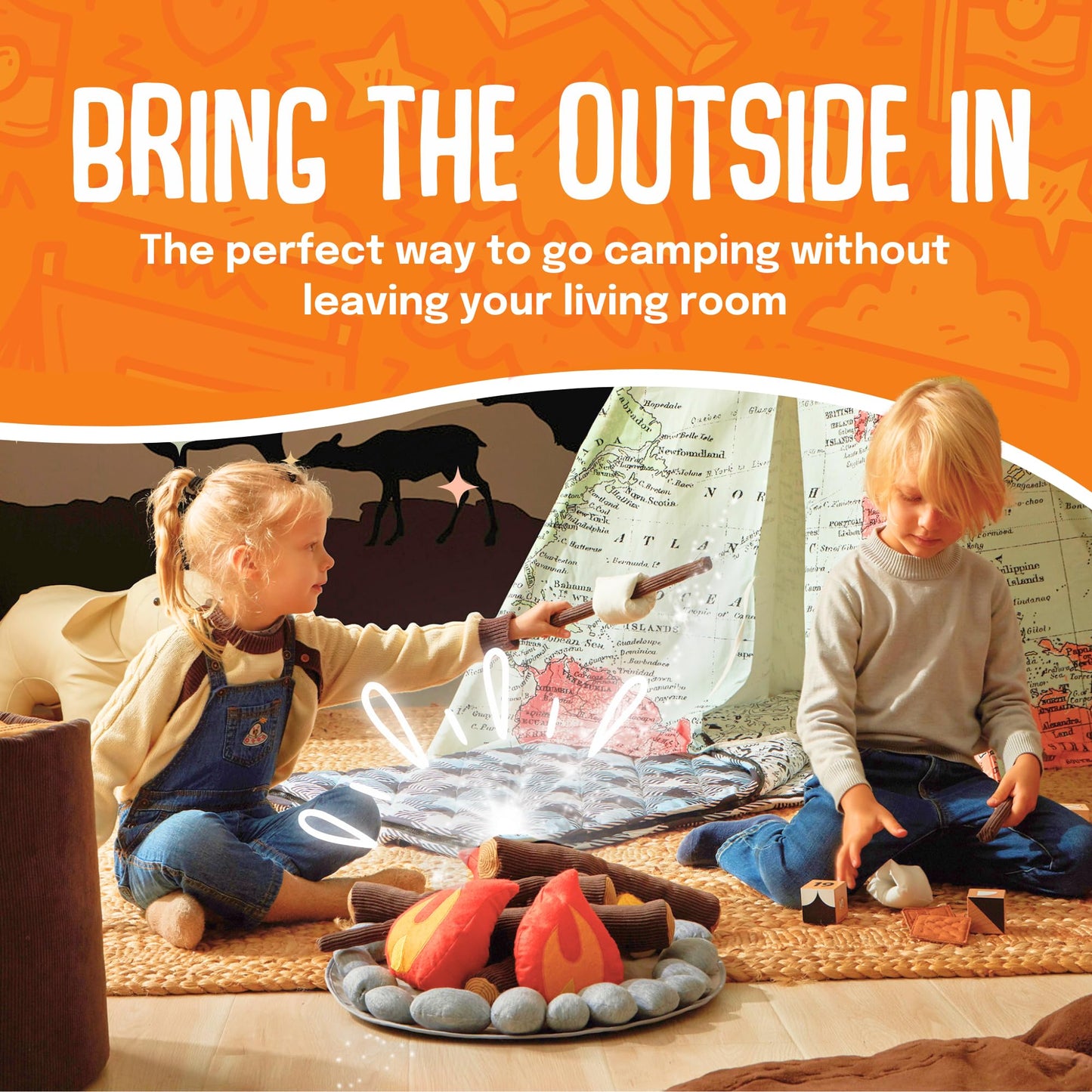 HUNIIHOME Pretend Campfire - Sensory Play Pretend Camping Set for Kids with Plush Fire, Logs and Stones - 17 Pieces - Safe, Soft, Fake Fire Pit - Felt Toy Campfire Playset for Kids