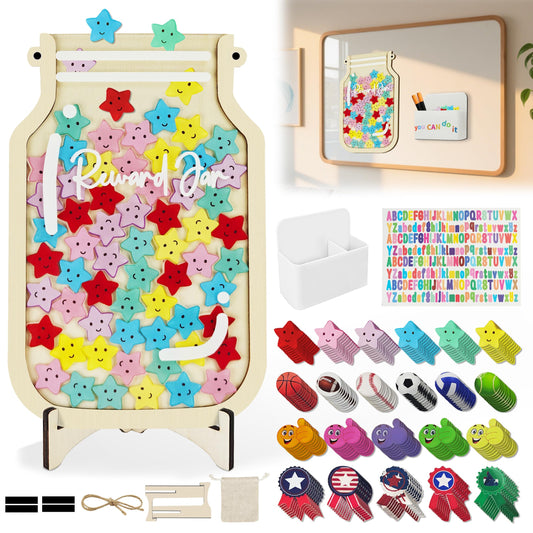 Mlife Magnetic Reward Jar for Kids - 180 Reward Tokens with Colorful Letter Stickers, Smiley Face Star Jar for Classroom Reward System, Potty Training, Home Chore Chart, Good Behavior