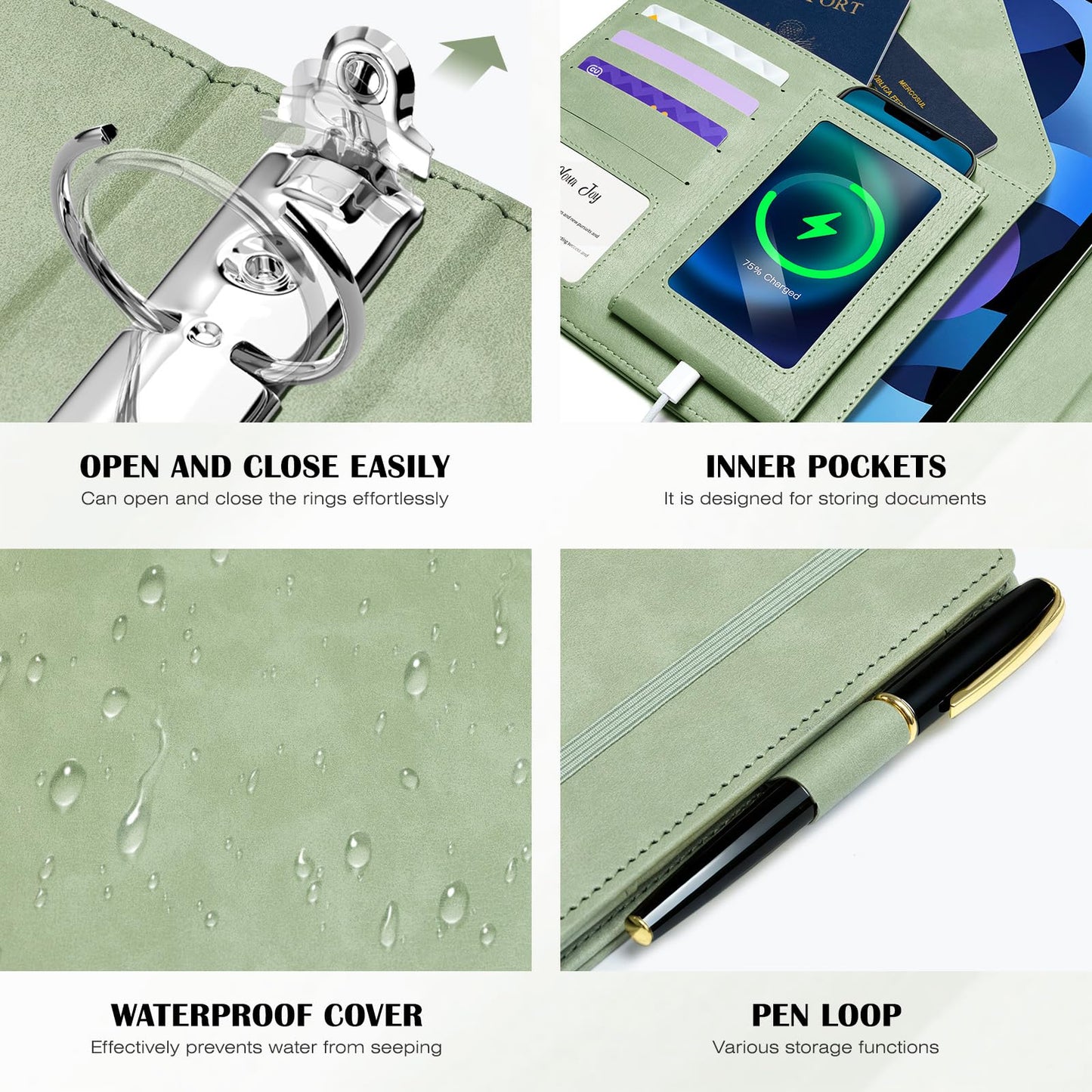 Ospelelf Leather 3 Ring Binder for Letter Size Documents with Pocketed Dividers, 1 Inch Round Rings, Holds 175 Sheets, Binders with Storage Bag & Notepad, for Office School Home Organization, Green