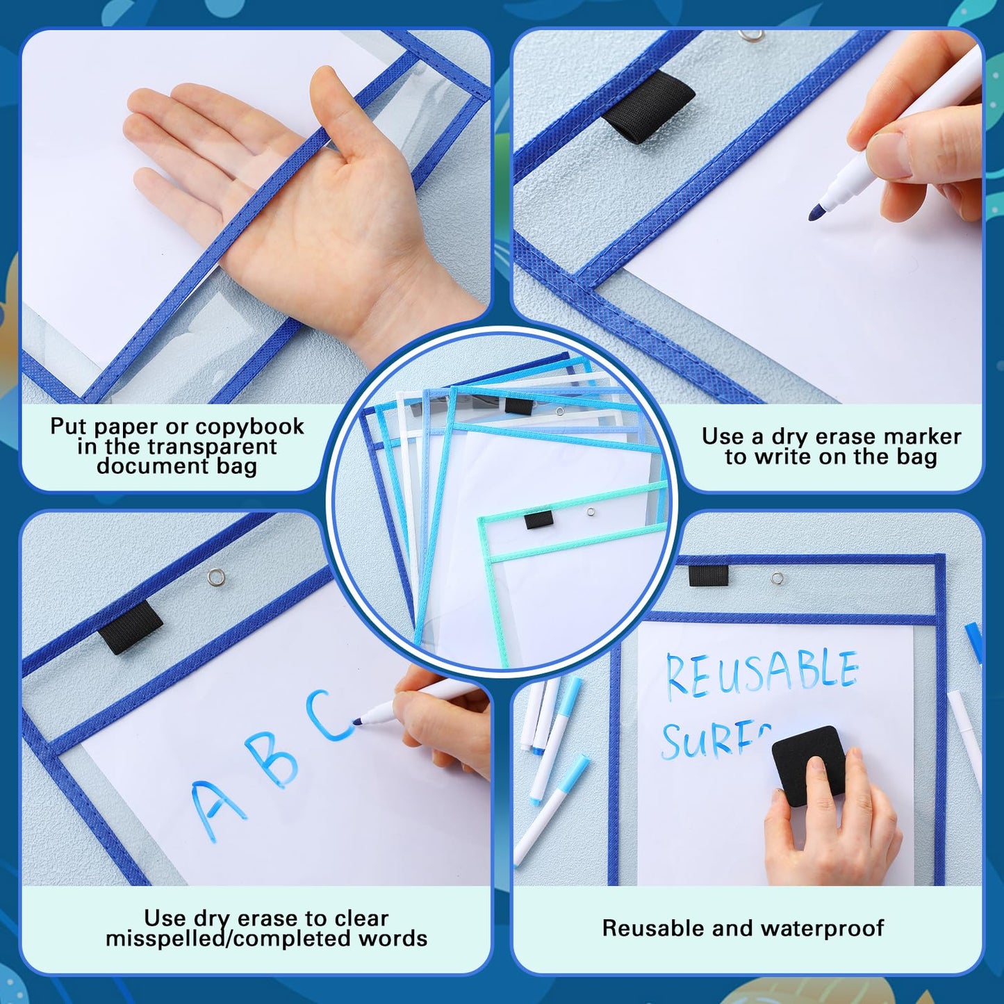 24 Pcs Dry Erase Pocket Reusable Sleeves 10" x 14" Clear Plastic Sheet Protectors with Markers and Mini Dry Erasers for Paper(Ocean Teal)