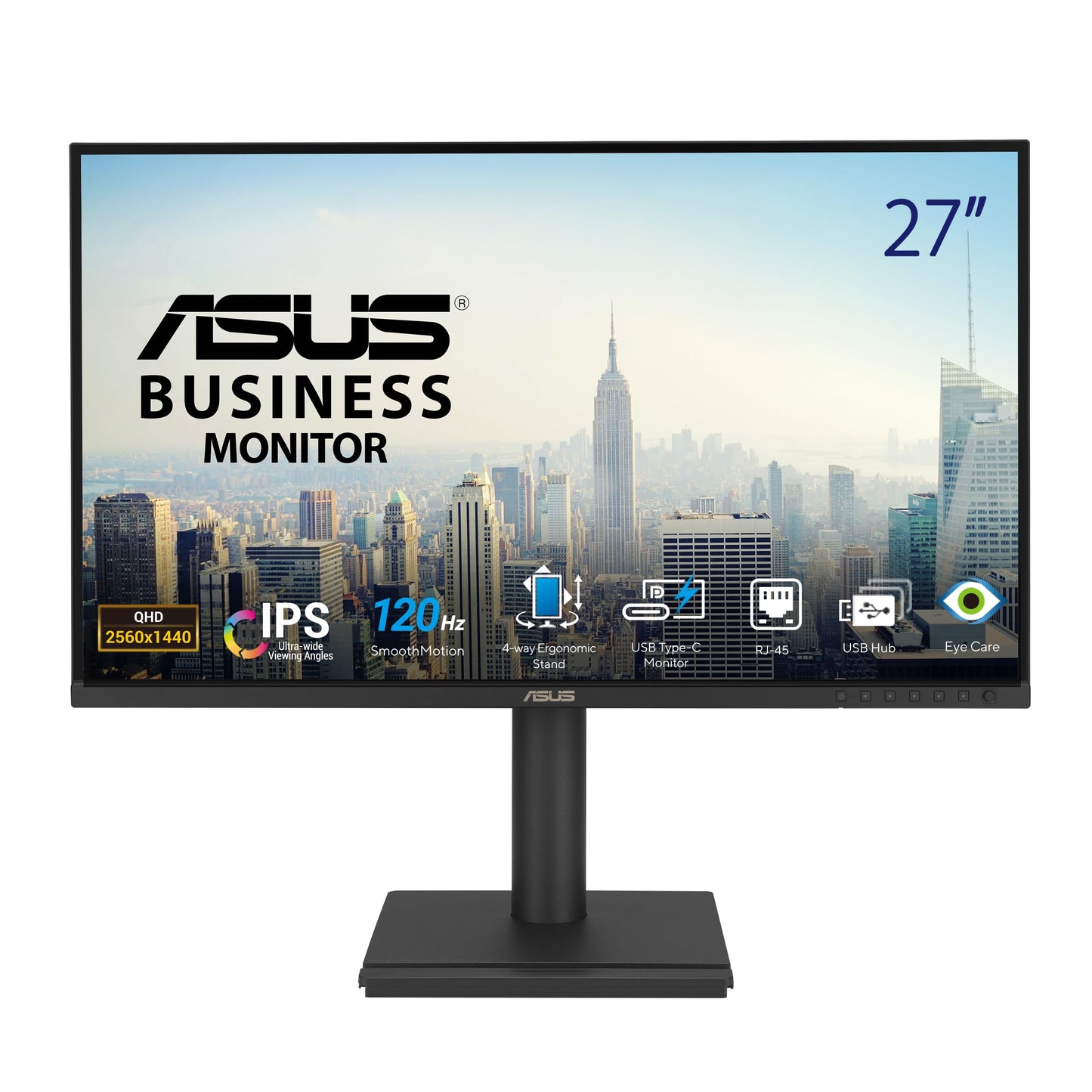 ASUS 27” 1440P USB-C RJ45 Docking Monitor (BE27ACGN) – QHD (2560x1440), IPS, 120Hz, Frameless, Speakers, Height Adjustable, DisplayPort Daisy-Chain, Power Sync, Eye Care, 3 yr Warranty