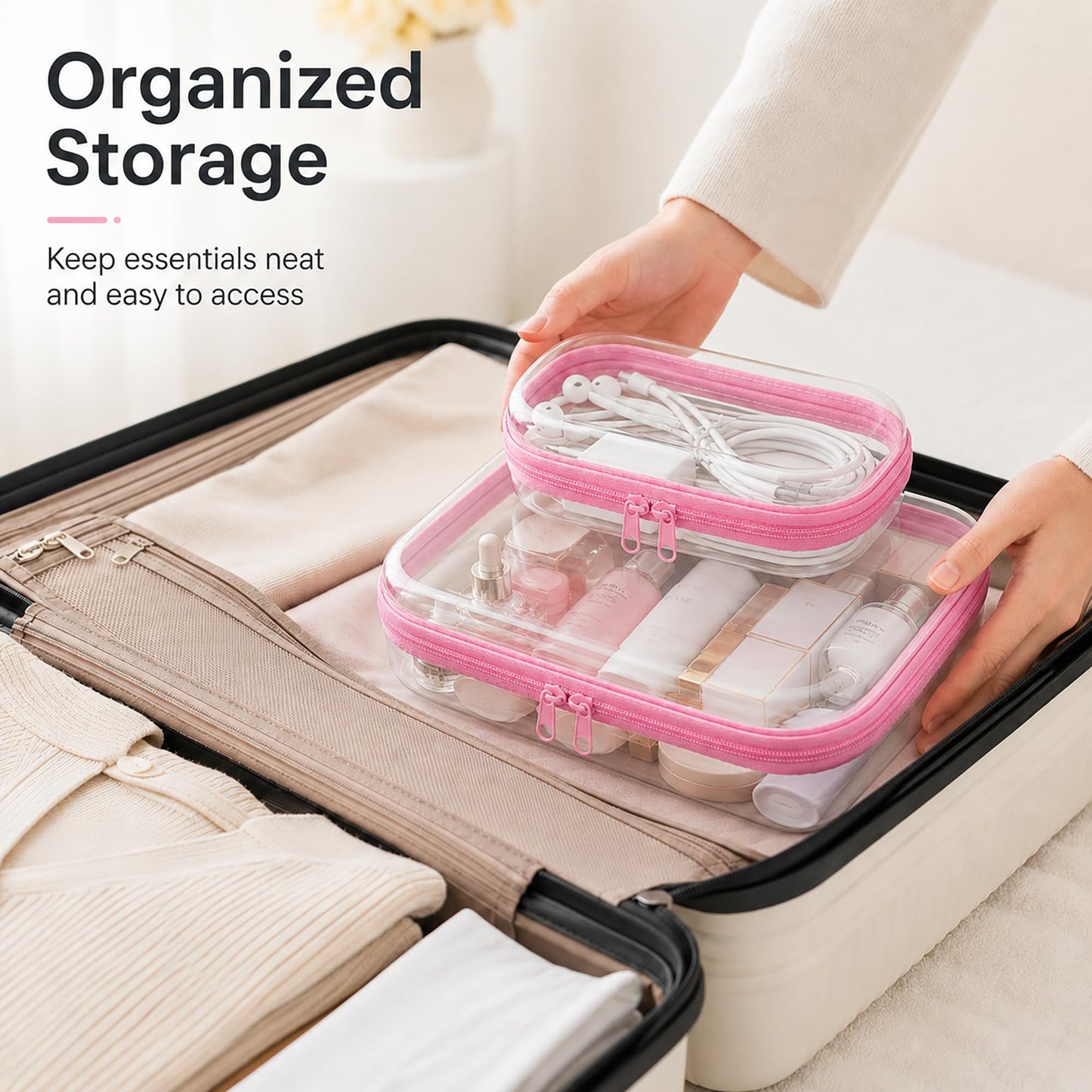 2-Pack Clear Hardshell Zipper Case, 1.2mm Thicken Crush-Proof Travel Toiletries Bag, TSA Approved Portable Zipper Pouches, Rigid Toiletry & Diaper Bag Organizer for Tech, Toys & Art Supplies(Pink)