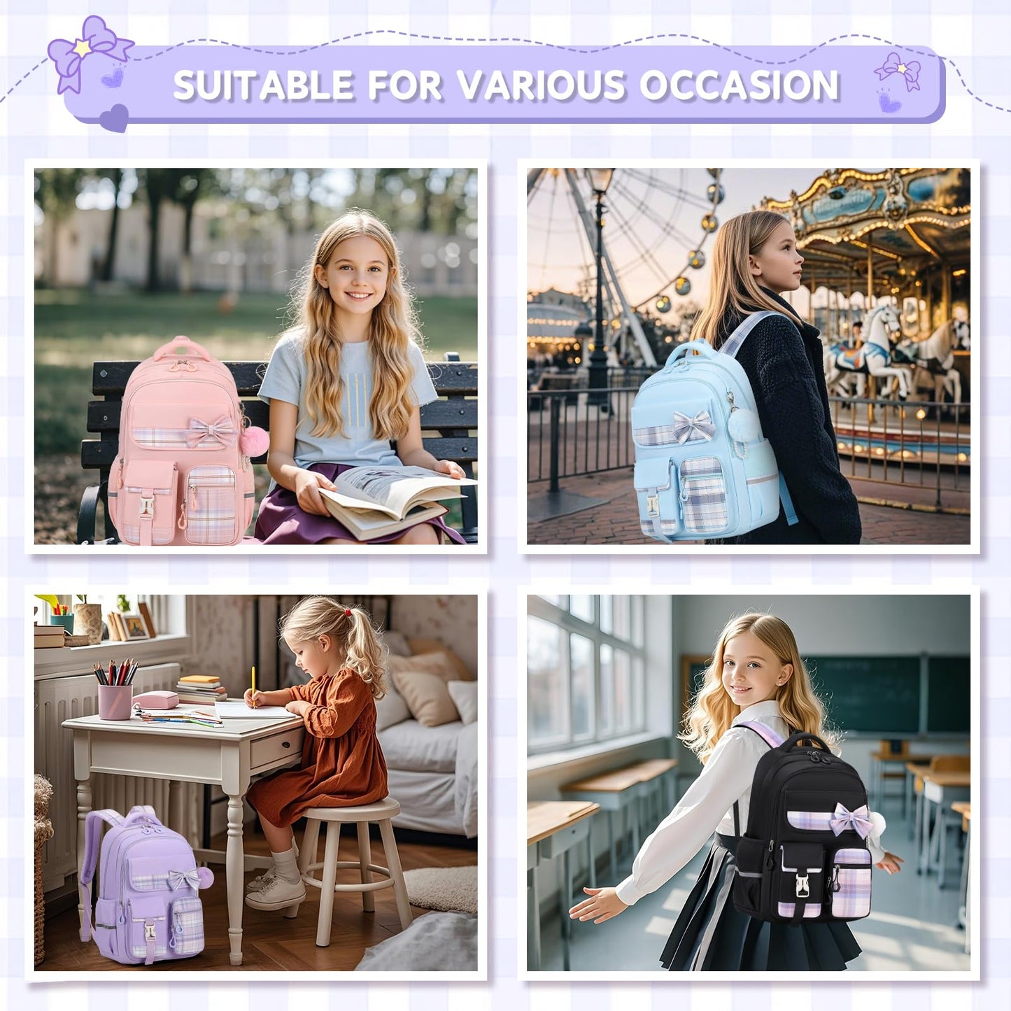 MOONBABY Girls Backpack, Kids Backpack for Girls School Bags with Pen Case, Bow Plaid Book Bag for Elementary Middle Primary High School College, Purple-2pcs