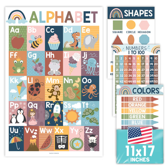 Hadley Designs Educational ABC Posters for Classroom Wall Decor - Preschool Learning Posters for Toddlers 1-3, Shapes Color 1-100 Number Chart & Alphabet Poster, Daycare Playroom Homeschool Essentials