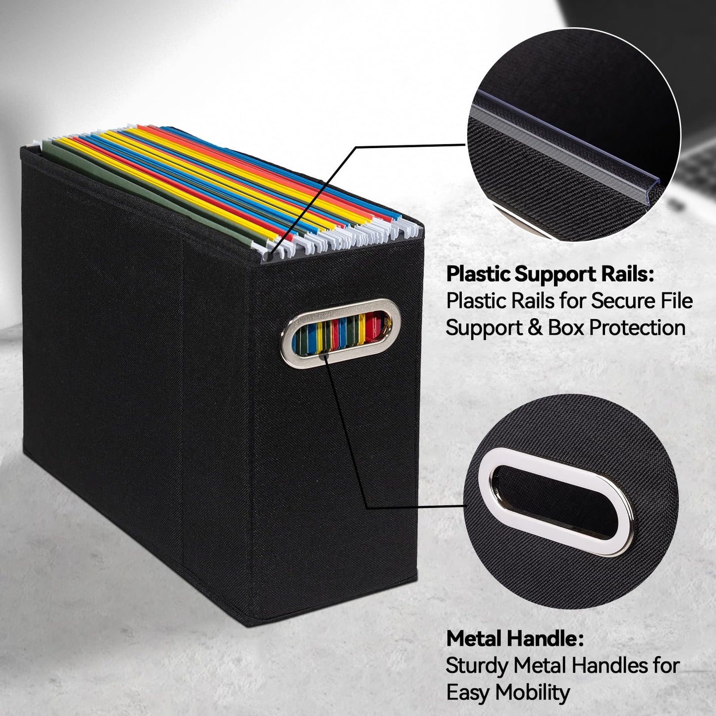 ComfortKeeper 4 Packs Letter Size File Organizer, File Folders Organizer, Fabric Storage Box, Collapsible Paper Organizer with Metal Handle, Smooth PVC Rails, Only Box (Black)