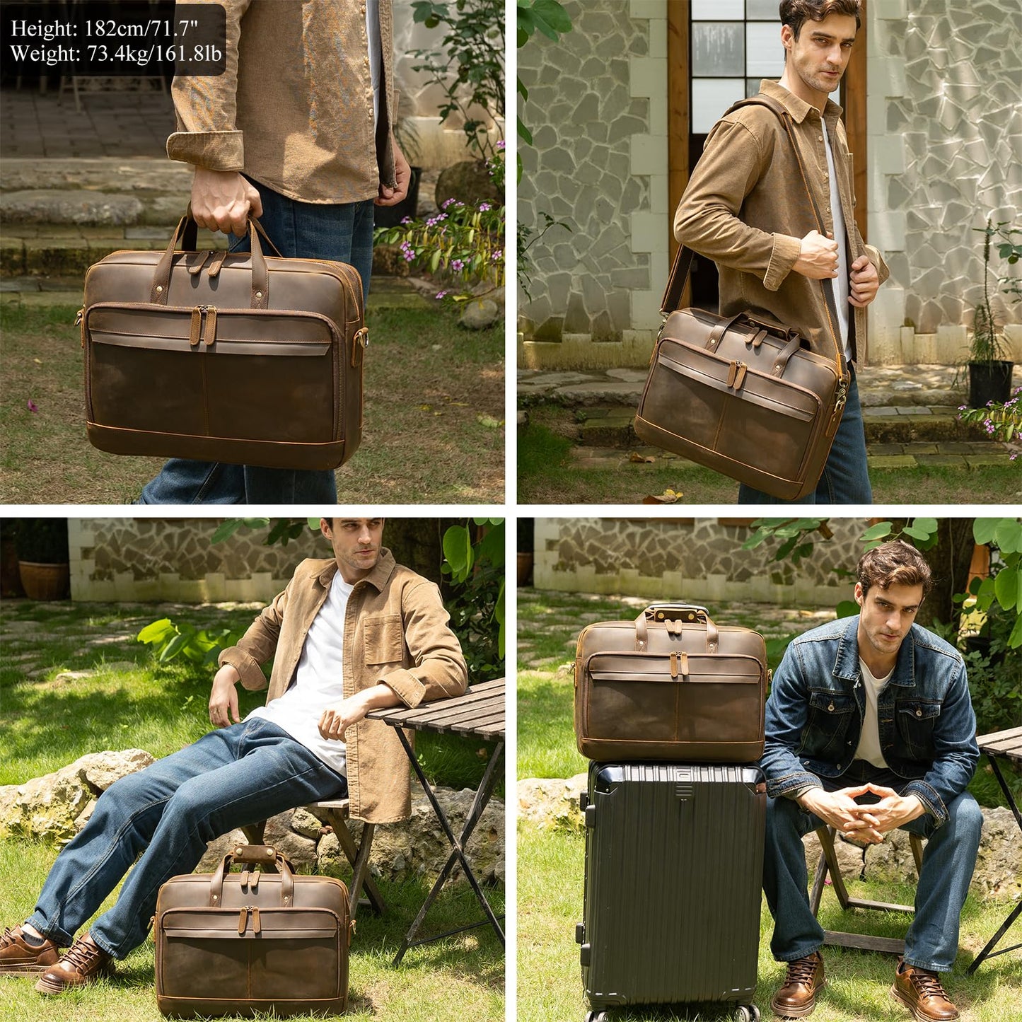 Masa Kawa Leather Briefcase for Men 17" Laptop Shoulder Messenger Bag Vintage Brown Business Travel Work Lawyer Attache Case,Large