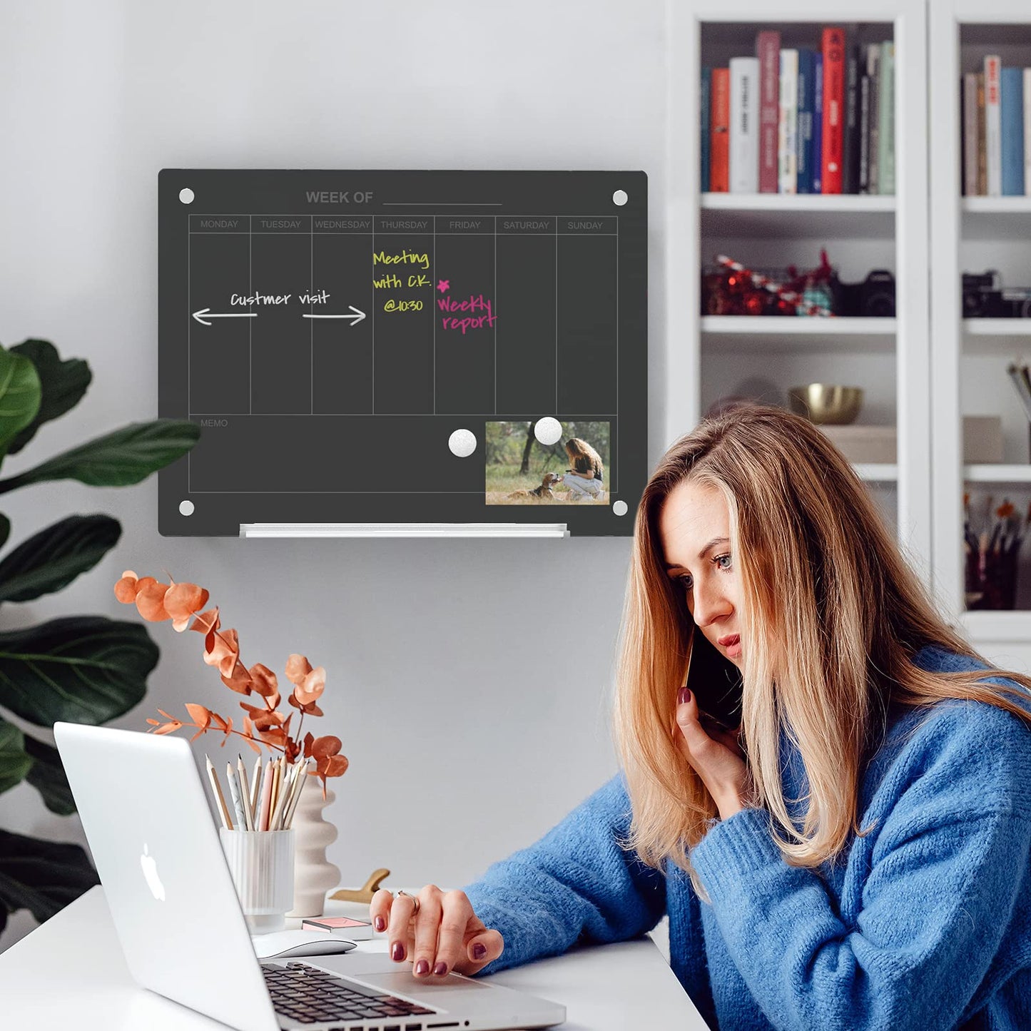 Audio-Visual Direct Magnetic Black 7 Day Calendar Glass Dry-Erase Board Set - 2' x 1.5' - for Wall - Weekly Planner