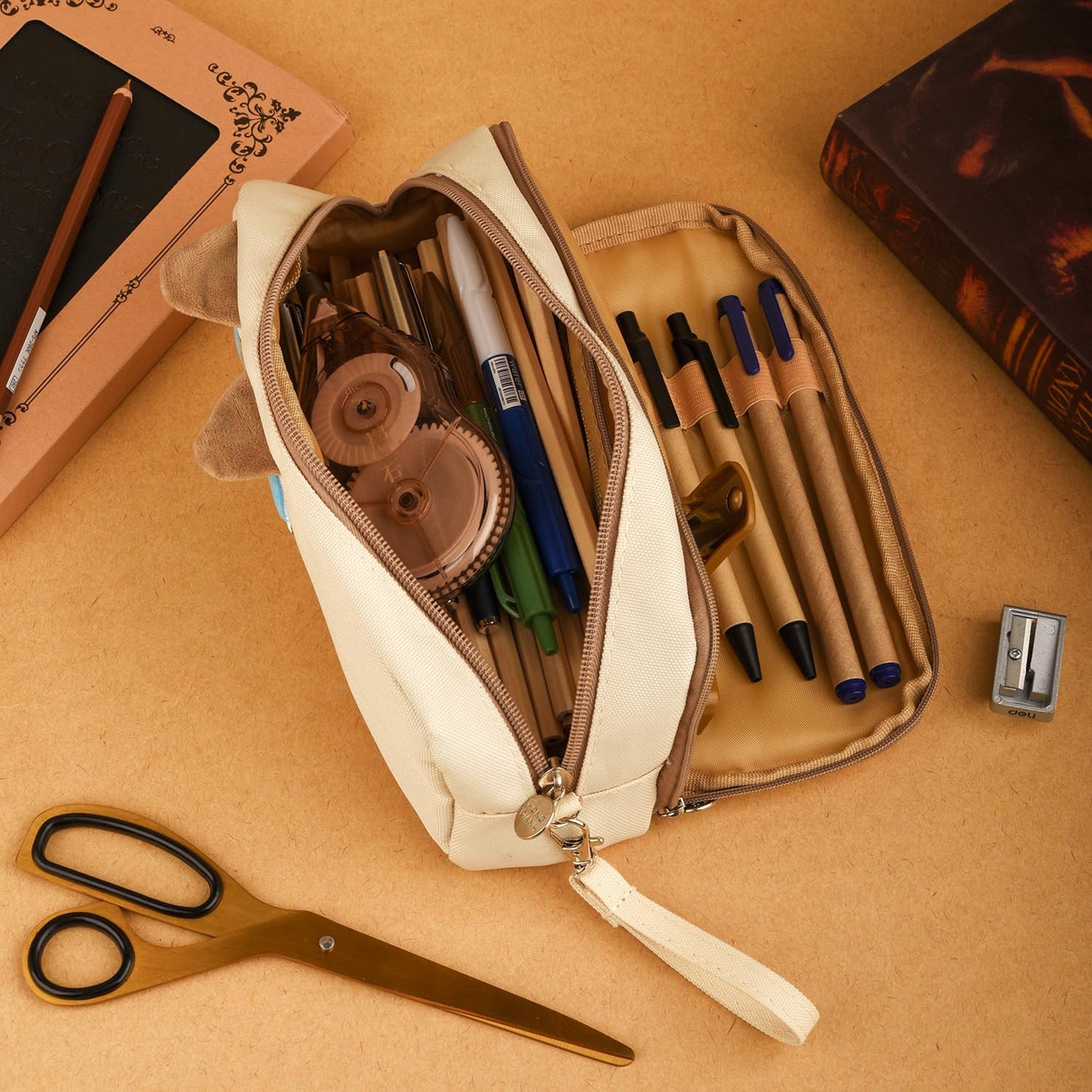 Hongdian Large Capacity Pencil Case Tan Color, 3D Cat Pen Bags Pencil Pouch Organizer for Office College School Stationery