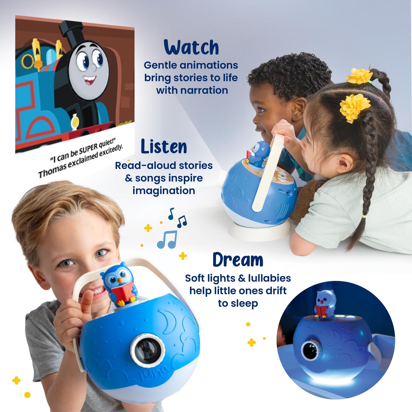 Kids Book Projector – 5 Thomas & Friends and 5 Classic Read-Aloud Stories, 10 Songs & Night Light & Soothing Dream Music | Children Ages 3+ Storytime Projector for Kids & Toddler | Toys, Owl & Thomas