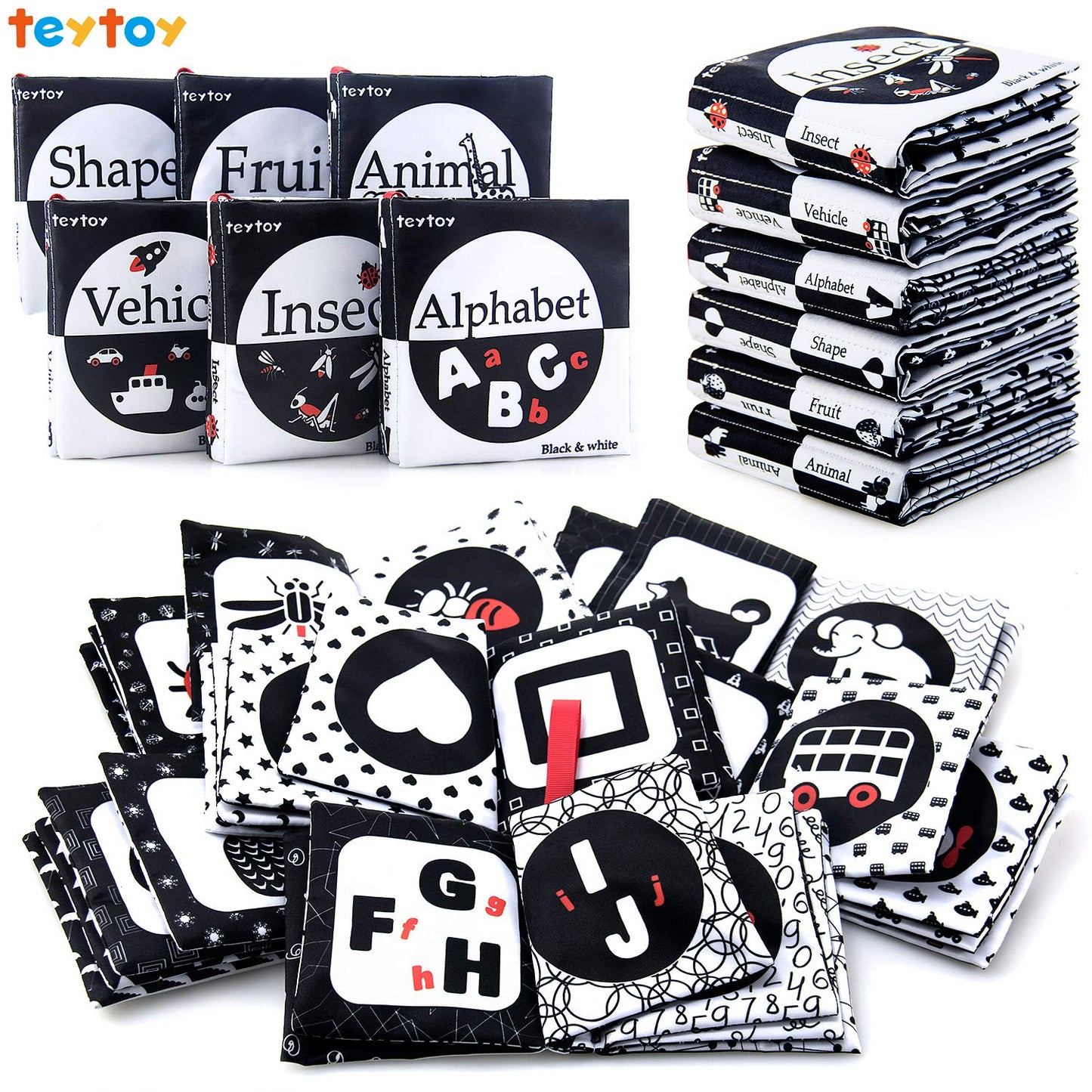 teytoy My First Soft Book, 6 PCS Nontoxic Fabric Cloth Activity Crinkle Black and White Books for Infants Boys and Girls Early Educational Toys Perfect for Baby Shower