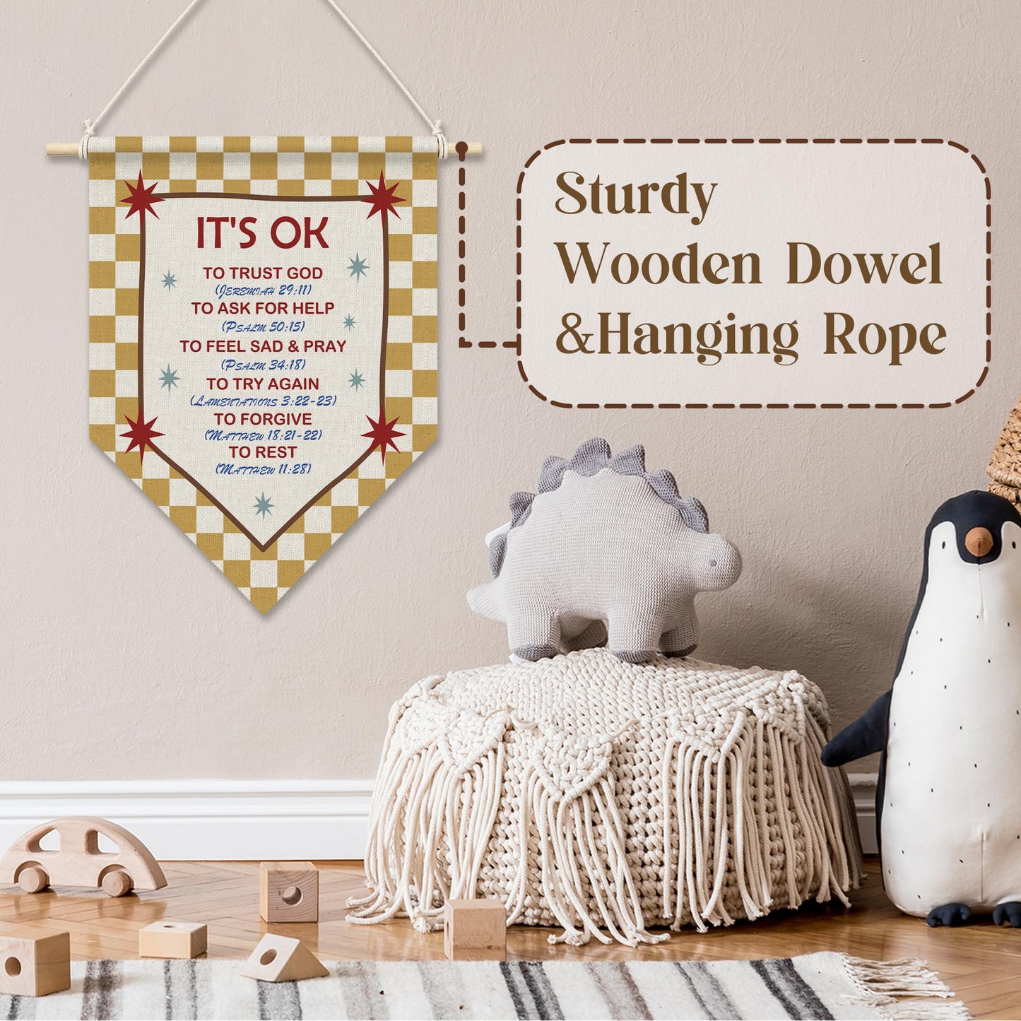 RUKUPA Christian Inspirational Wall Art Decor, Bible Verse Hanging Pennant Flag, Yellow Checkered Motivational Religious Wall Art Poster Hanger for Home Bedroom Kids Nursery Room Decor, 11x15 Inch