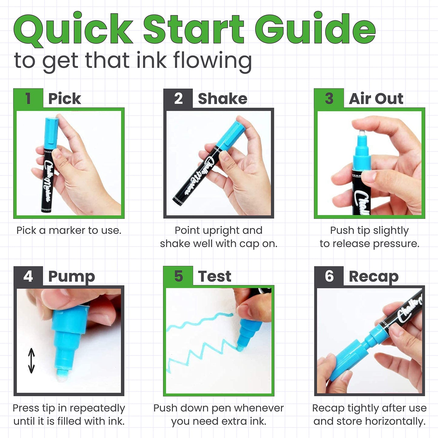 5 Green Chalkboard Chalk Pens - Green Dry Erase Markers for Blackboard, Chalkboard Signs, Windows, Glass | Variety Pack - Fine & Jumbo Size Ink Pen (1mm, 3mm, 6mm, 10mm, 15mm)